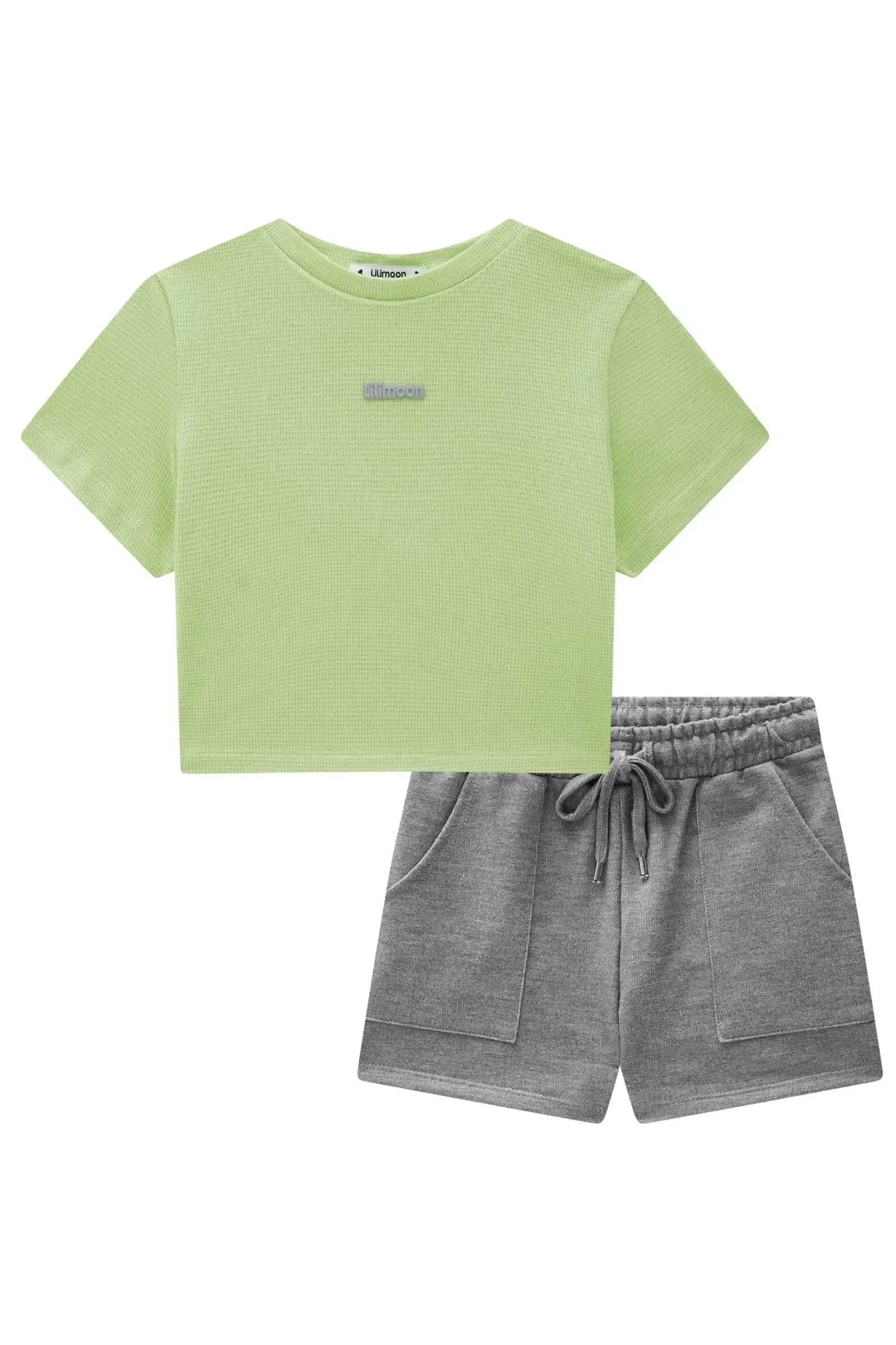 Conjunto de Blusa Cropped em Malha Little Waffle e Shorts em Moletom sem Pelúcia 86592 Lilimoon Teen Menina