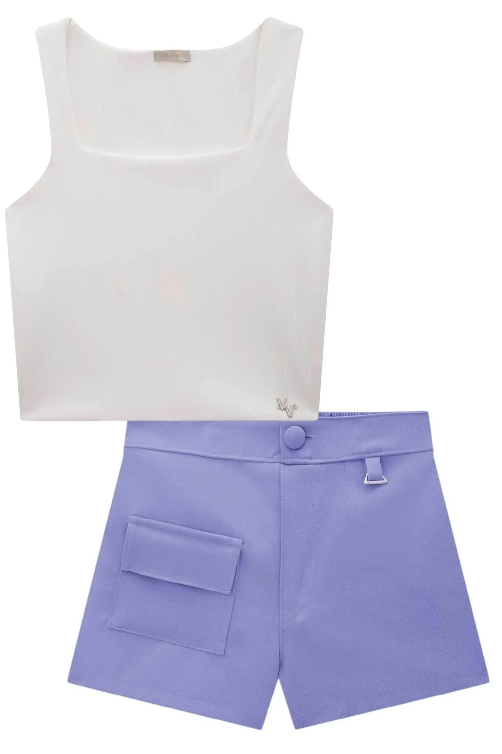Conjunto de Blusa Cropped em Ribana Fancy e Shorts em Alfaiataria Hi Dense 85329 Vic&Vicky Teen Menina