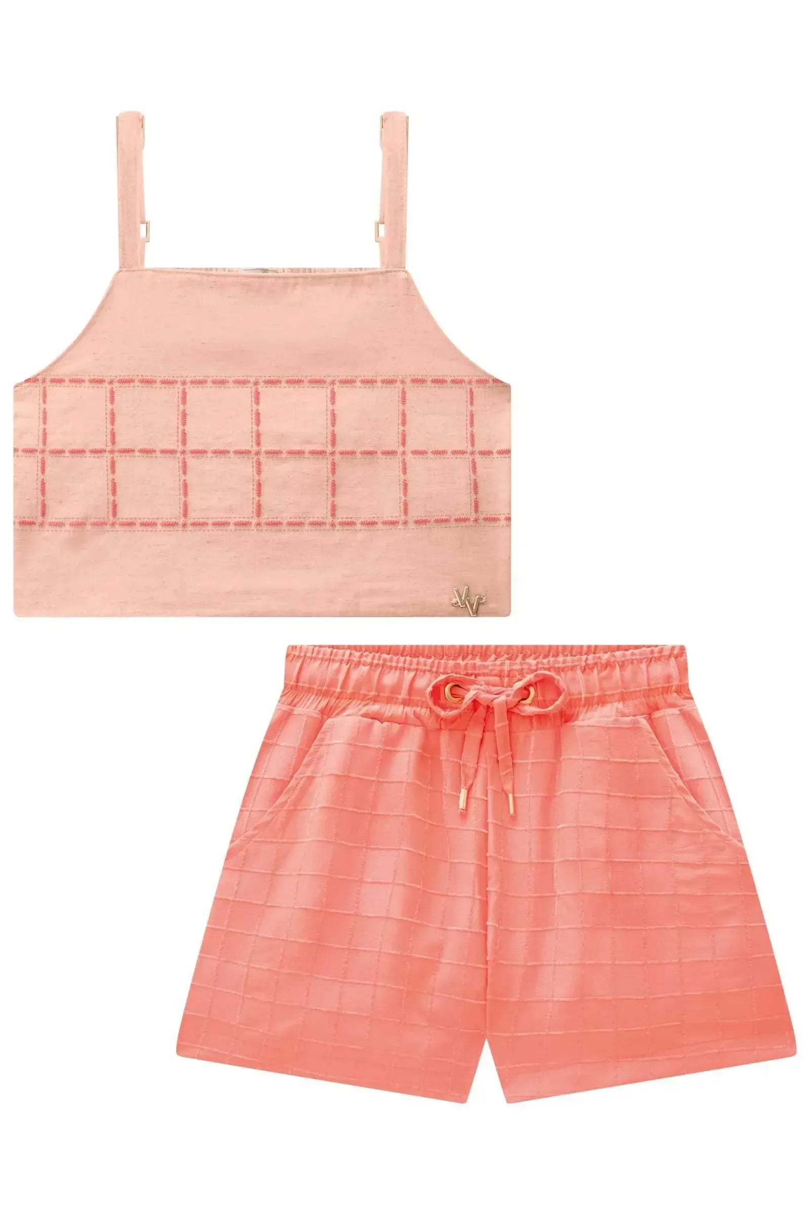Conjunto de Blusa Cropped em Viscolinho e Shorts em Tecido Grid Chenille 83711 Vic&Vicky Teen Menina