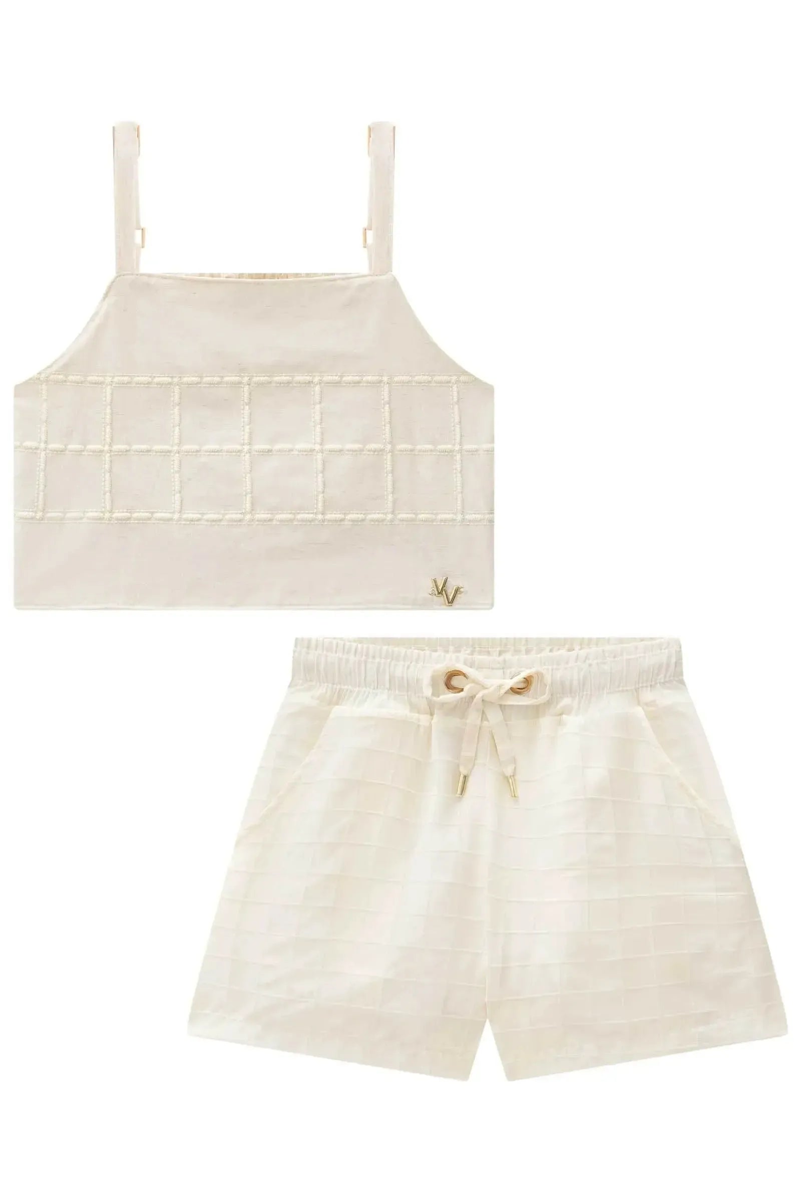 Conjunto de Blusa Cropped em Viscolinho e Shorts em Tecido Grid Chenille 83711 Vic&Vicky Teen Menina