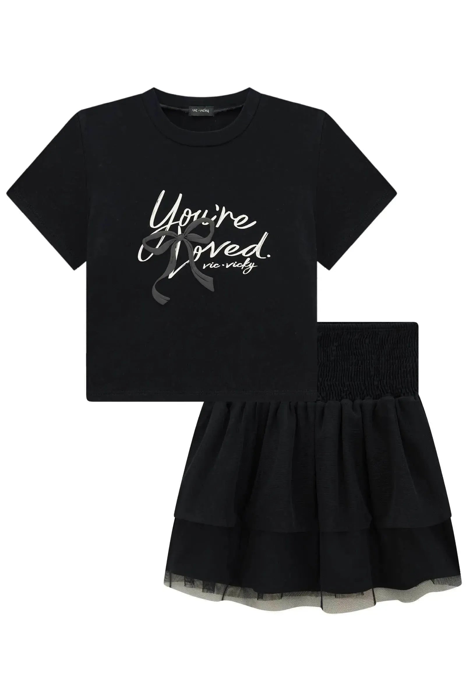 Conjunto de Blusa Cropped em Viscolycra e Saia Ruffles em Tule 85202 Vic&Vicky Teen Menina
