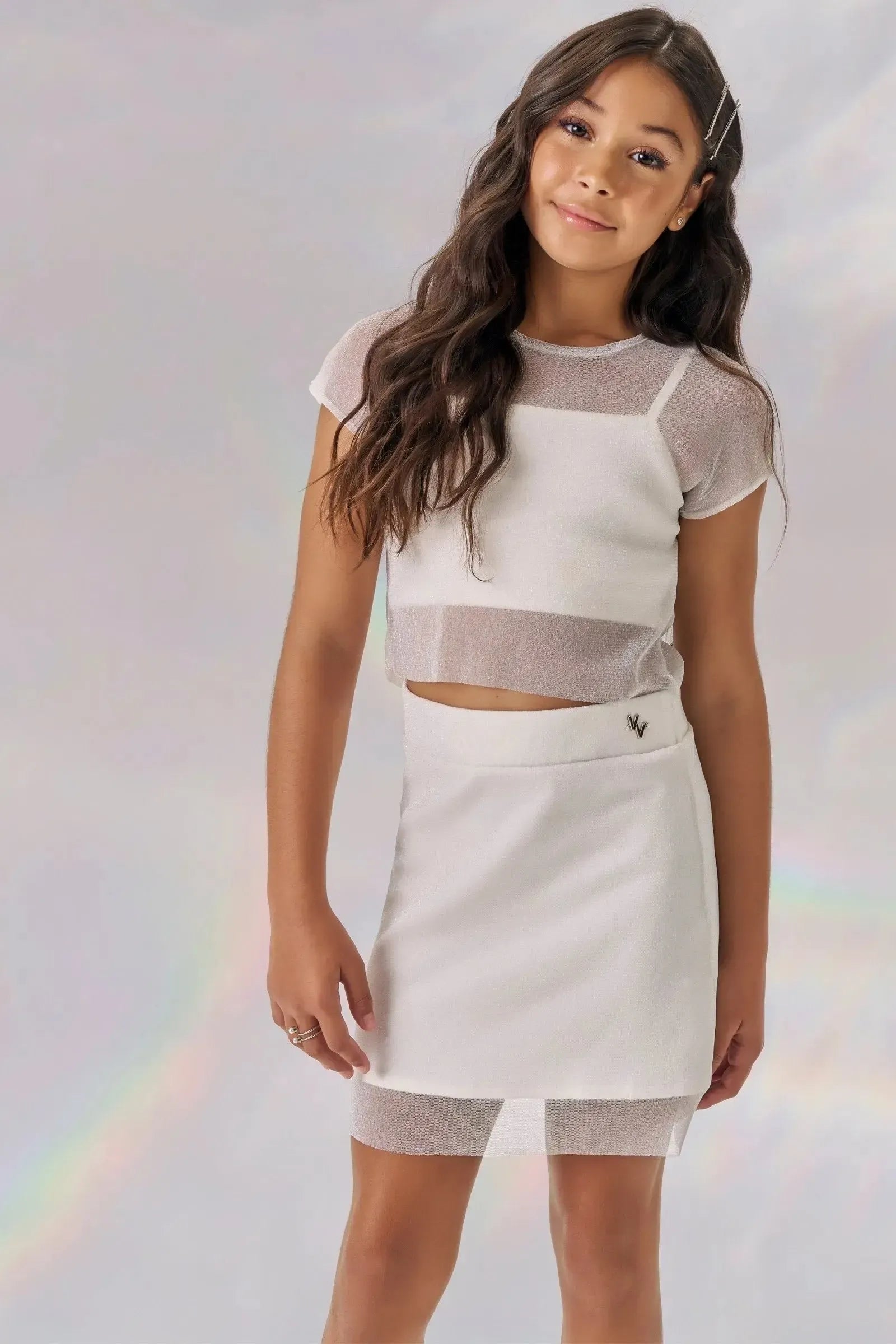 Conjunto de Blusa Cropped Sobreposição Top em Cotton e Saia em Tule Brilho 86733 Vic&Vicky Teen Menina
