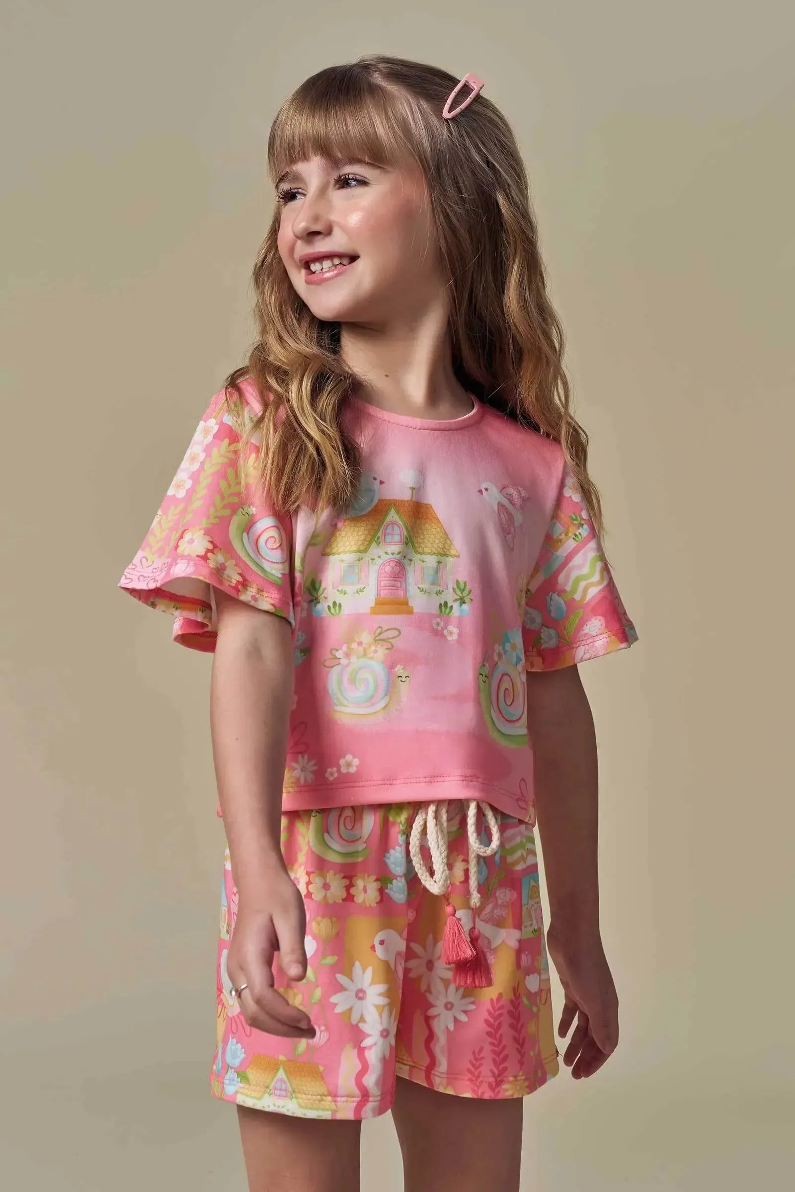Conjunto de Blusa e Shorts em Malha Fresh 96926 Infanti Infantil Menina