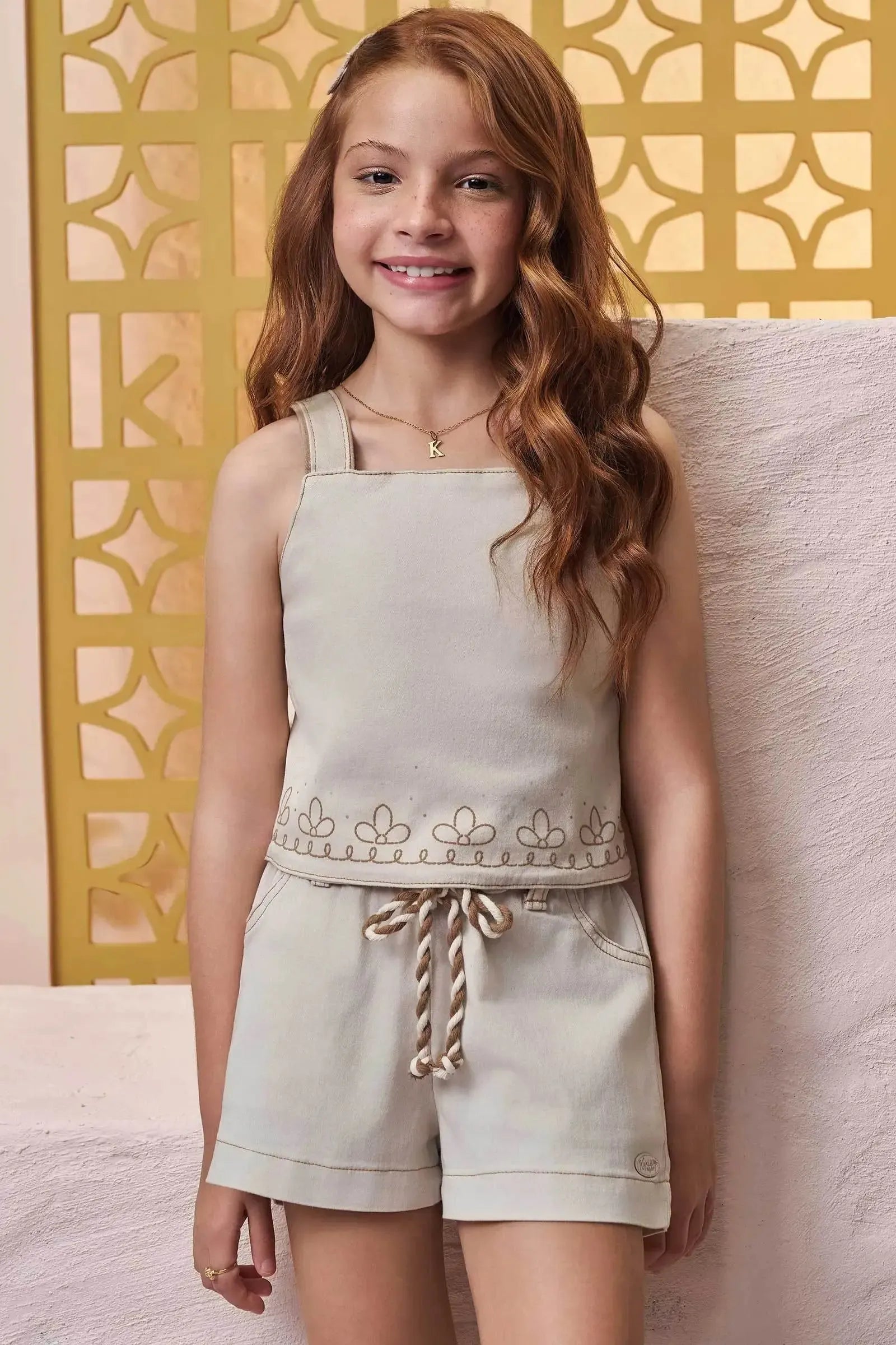 Conjunto de Blusa e Shorts em Sarja com Elastano 98067 Kukiê Infantil Menina