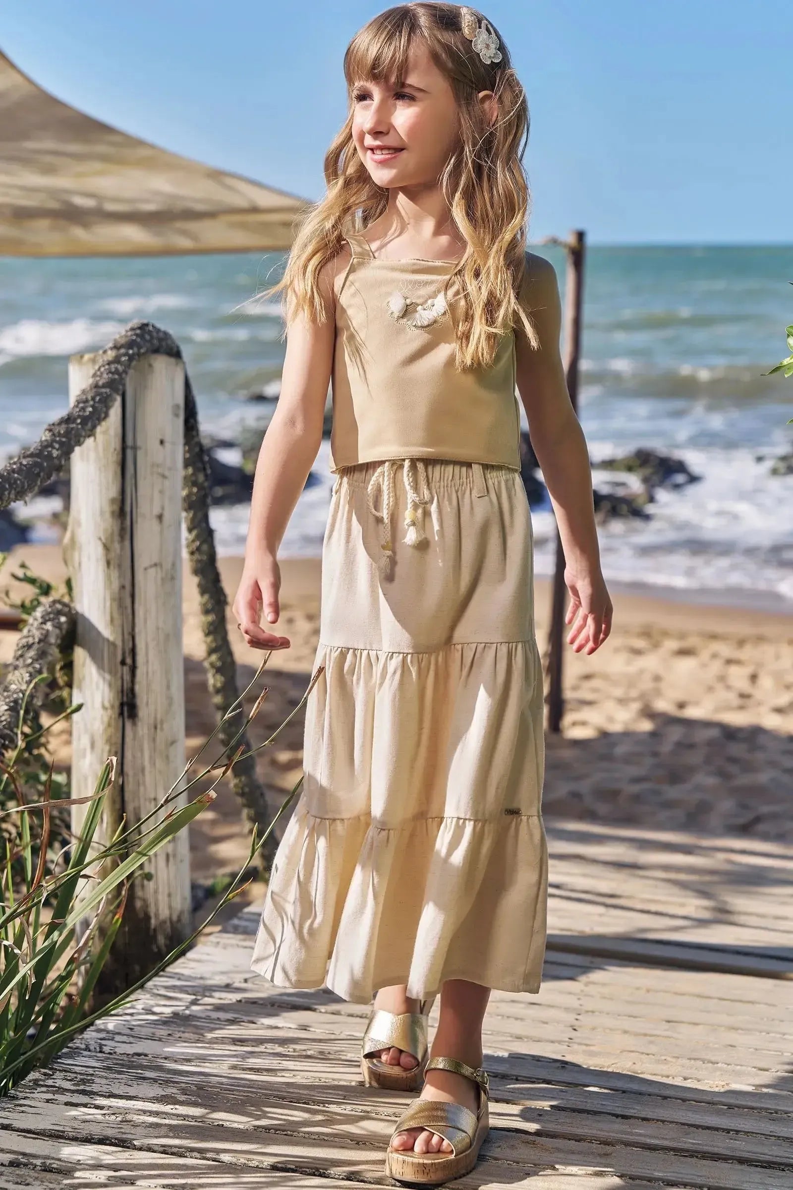 Conjunto de Blusa em Blend de Viscose e Saia Midi em Linho Santorine com Elastano 96501 Infanti Infantil Menina