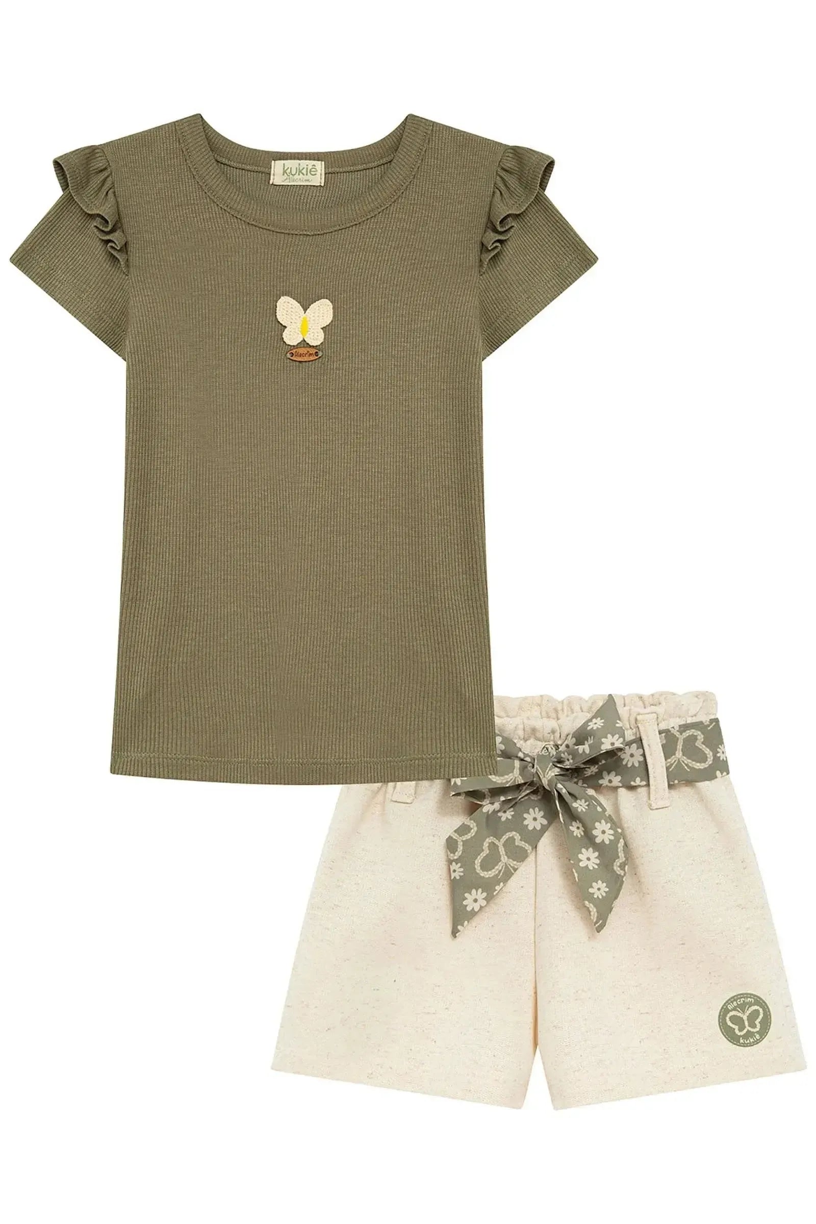 Conjunto de Blusa em Canelado de Viscose e Shorts em Moletom Linho sem Pelúcia 98034 Kukiê Infantil Menina