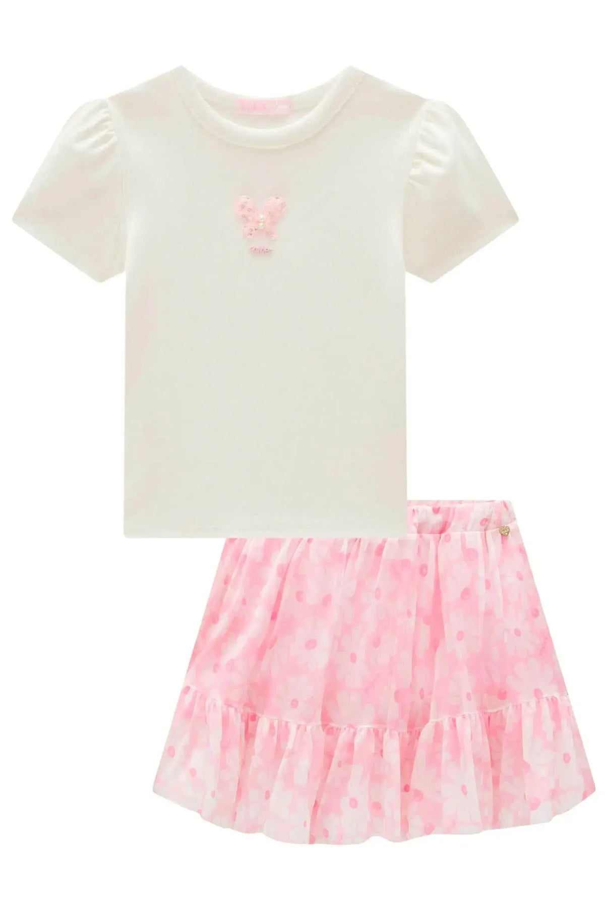 Conjunto de Blusa em Canelado e Saia em Tule com Elastano (com Shorts Embutido) 99665 Kukiê Infantil Menina