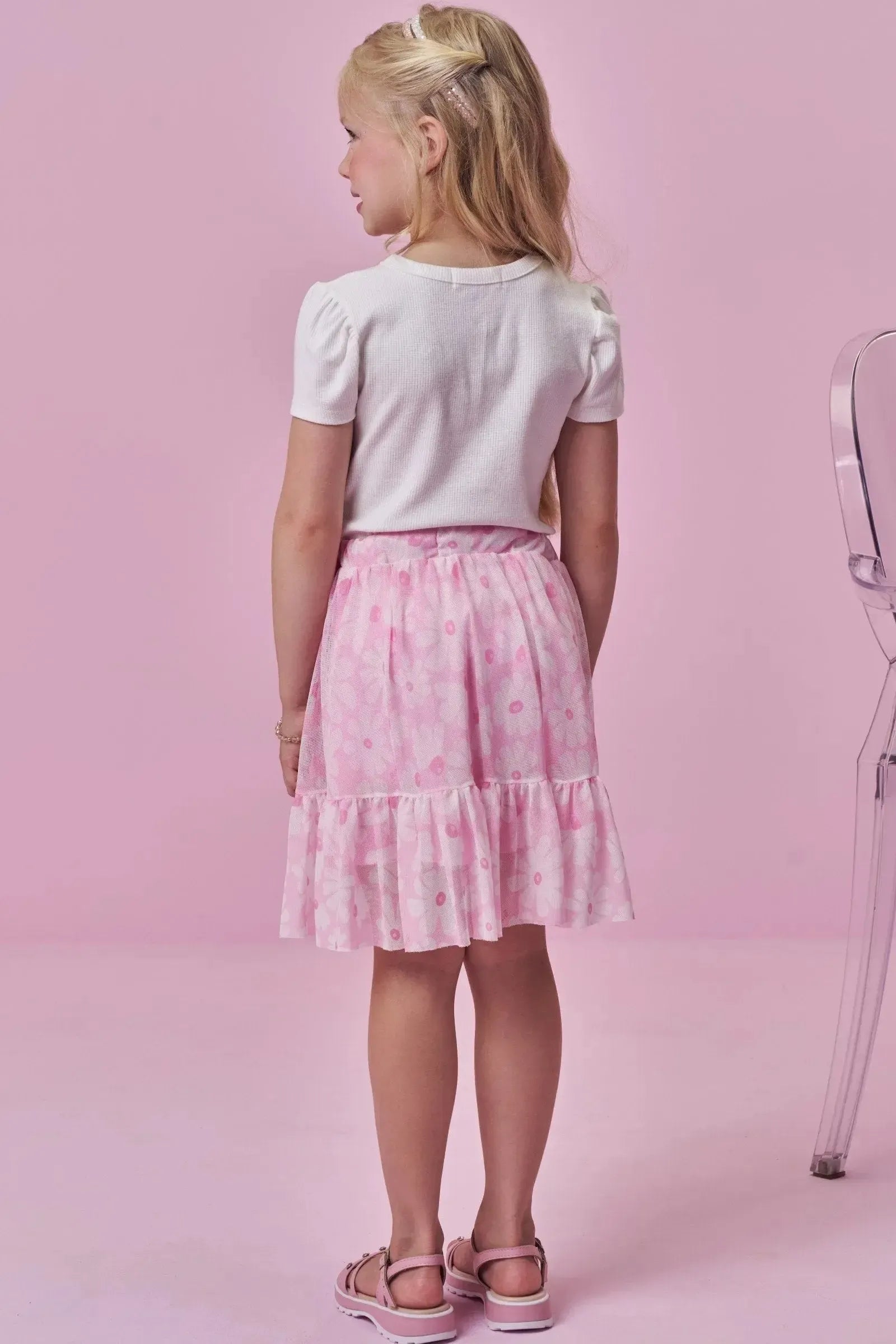 Conjunto de Blusa em Canelado e Saia em Tule com Elastano (com Shorts Embutido) 99665 Kukiê Infantil Menina