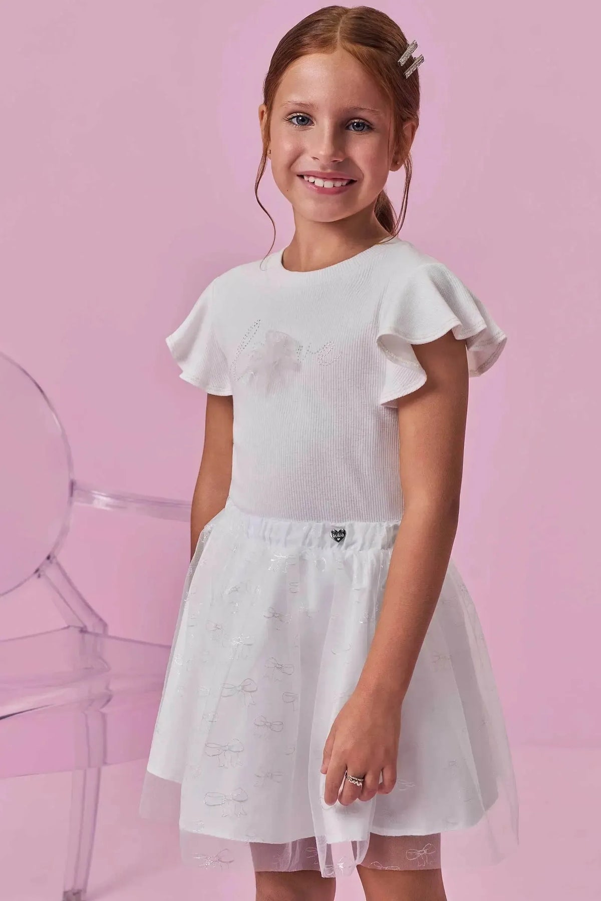 Conjunto de Blusa em Canelado e Saia em Tule Laços (com Shorts Embutido) 98703 Kukiê Infantil Menina