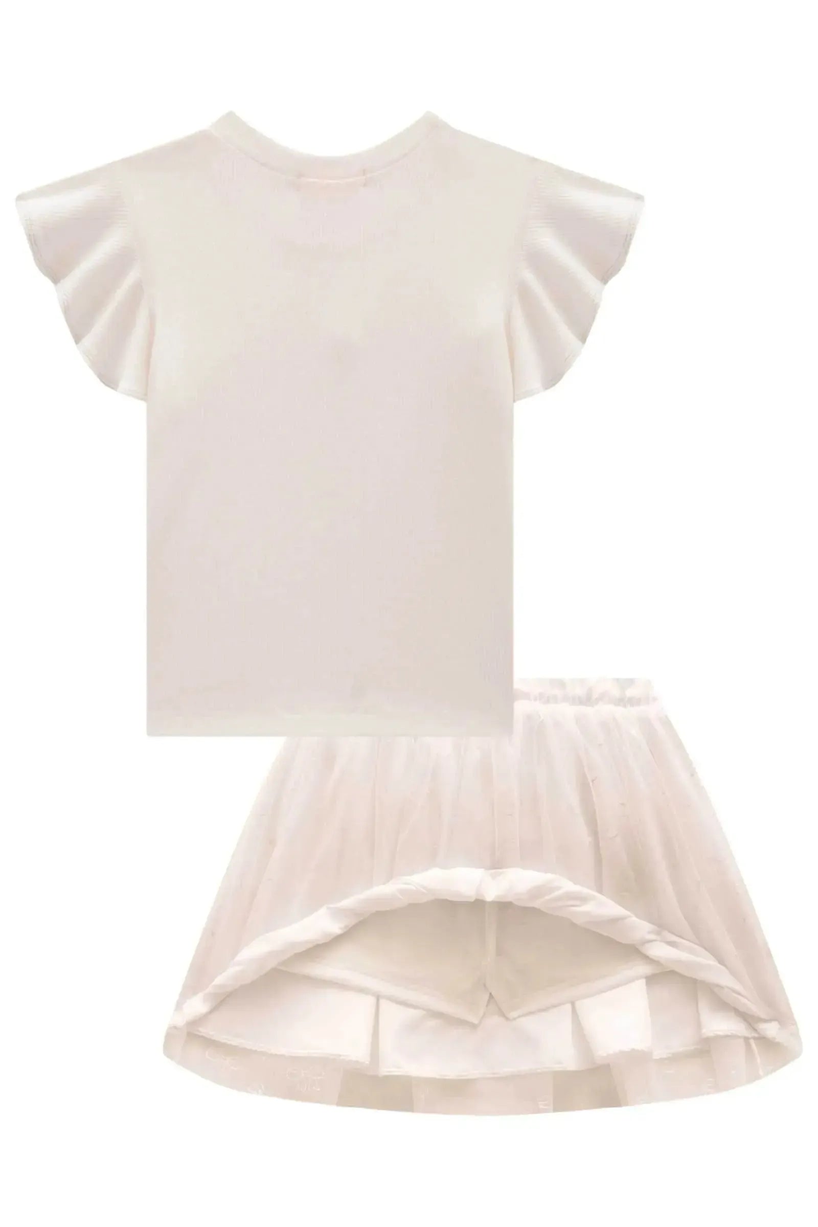 Conjunto de Blusa em Canelado e Saia em Tule Laços (com Shorts Embutido) 98703 Kukiê Infantil Menina