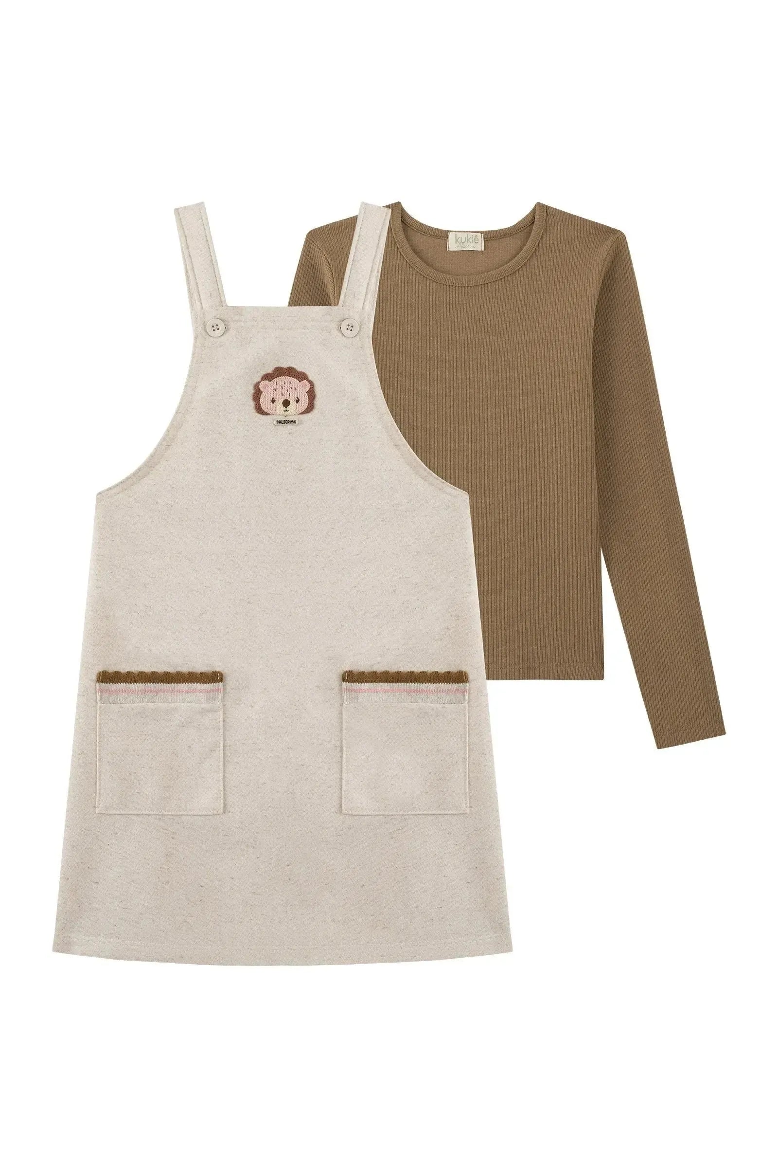 Conjunto de Blusa em Canelado e Salopete em Moletom Linho sem Pelúcia 89904 Kukiê Infantil Menina