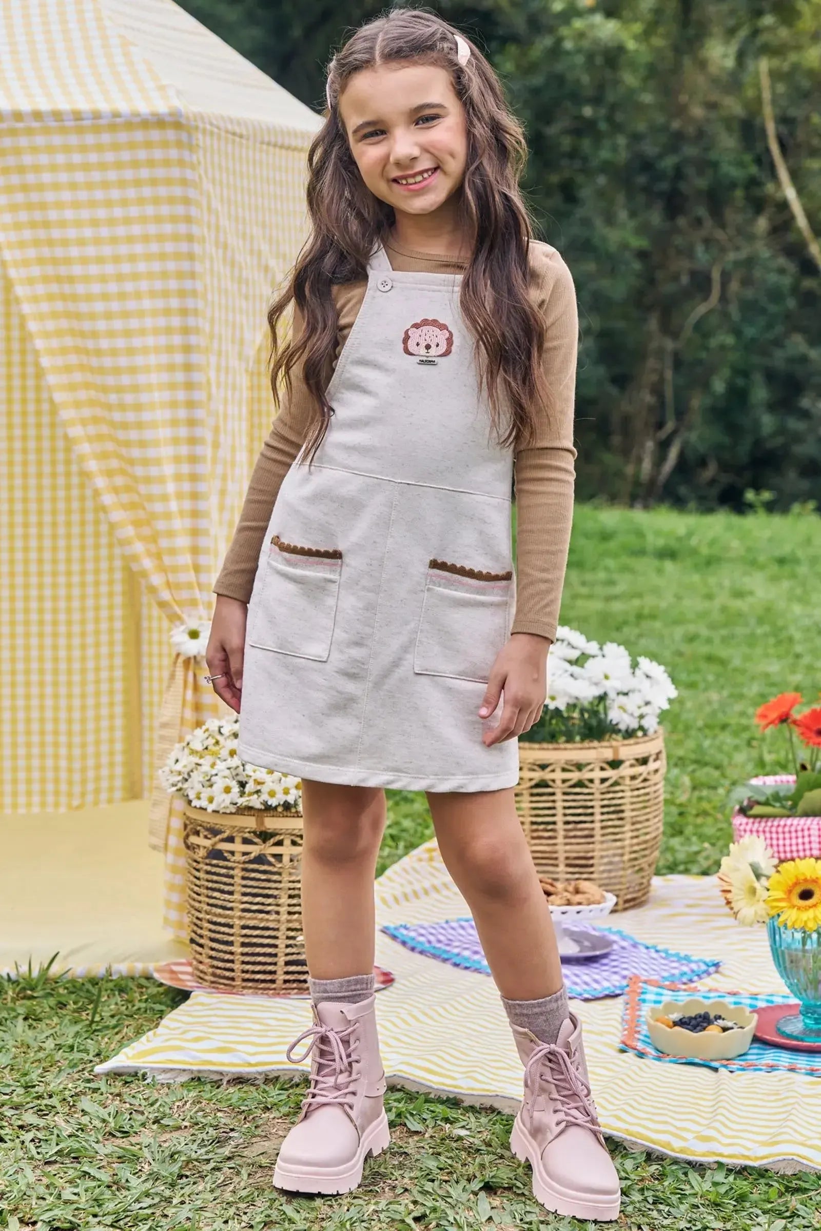 Conjunto de Blusa em Canelado e Salopete em Moletom Linho sem Pelúcia 89904 Kukiê Infantil Menina