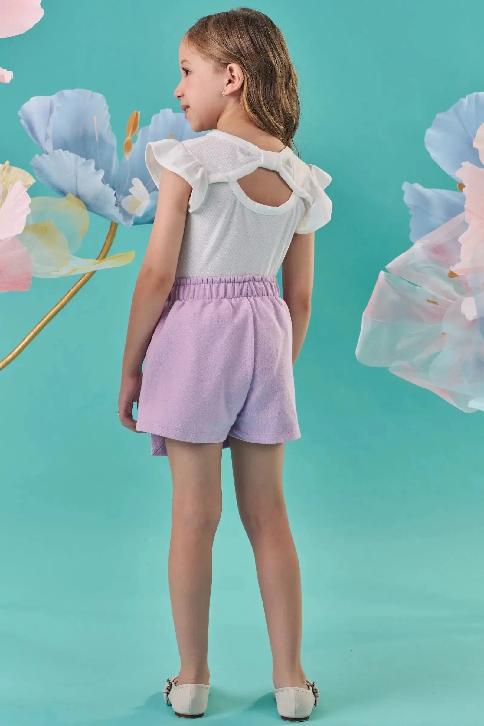 Conjunto de Blusa em Canelado e Short Saia em Moletom sem Pelúcia 88849 Kukiê Infantil Menina