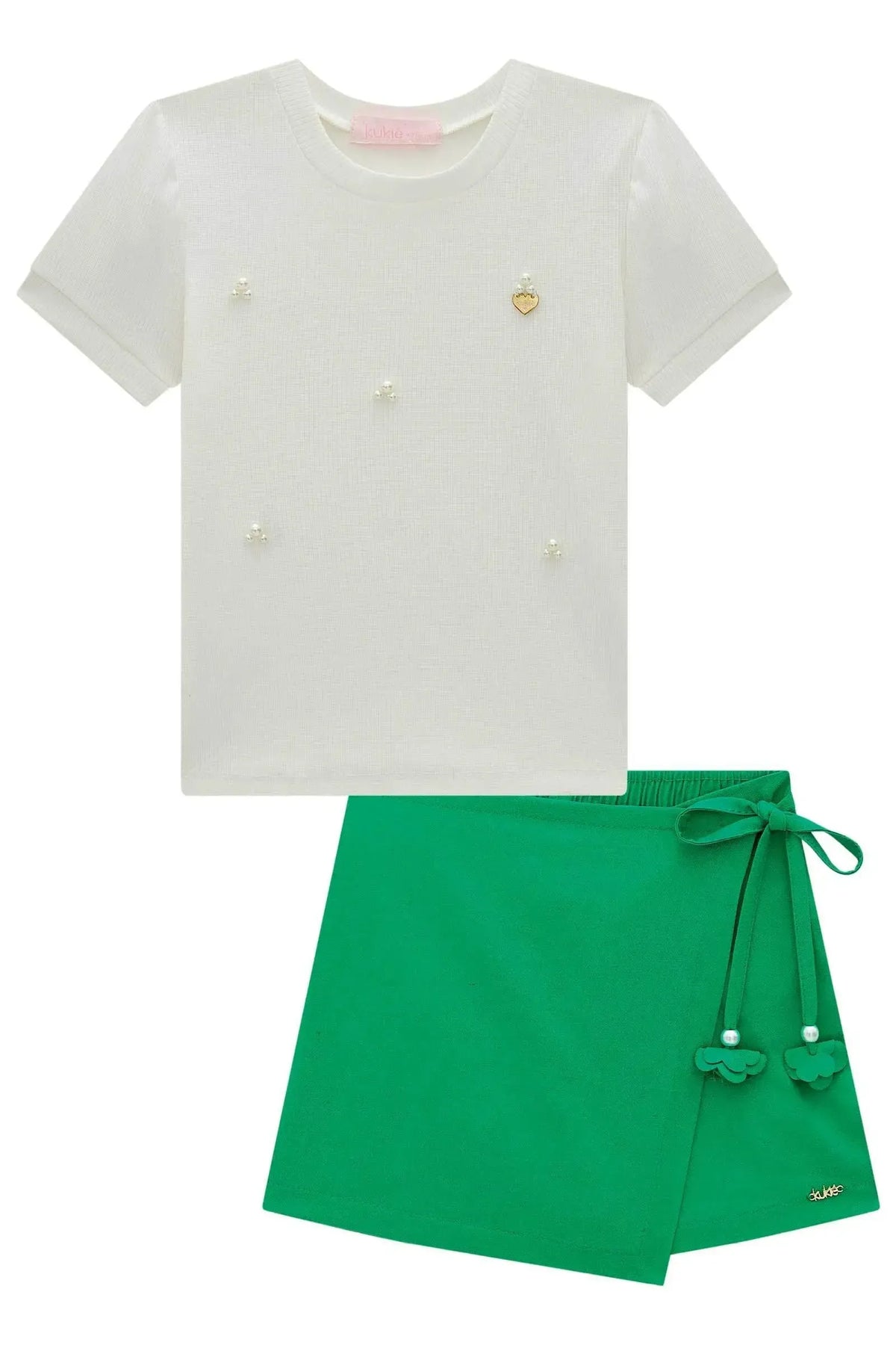 Conjunto de Blusa em Canelado e Short Saia em Viscolinho Sarjado 98708 Kukiê Infantil Menina