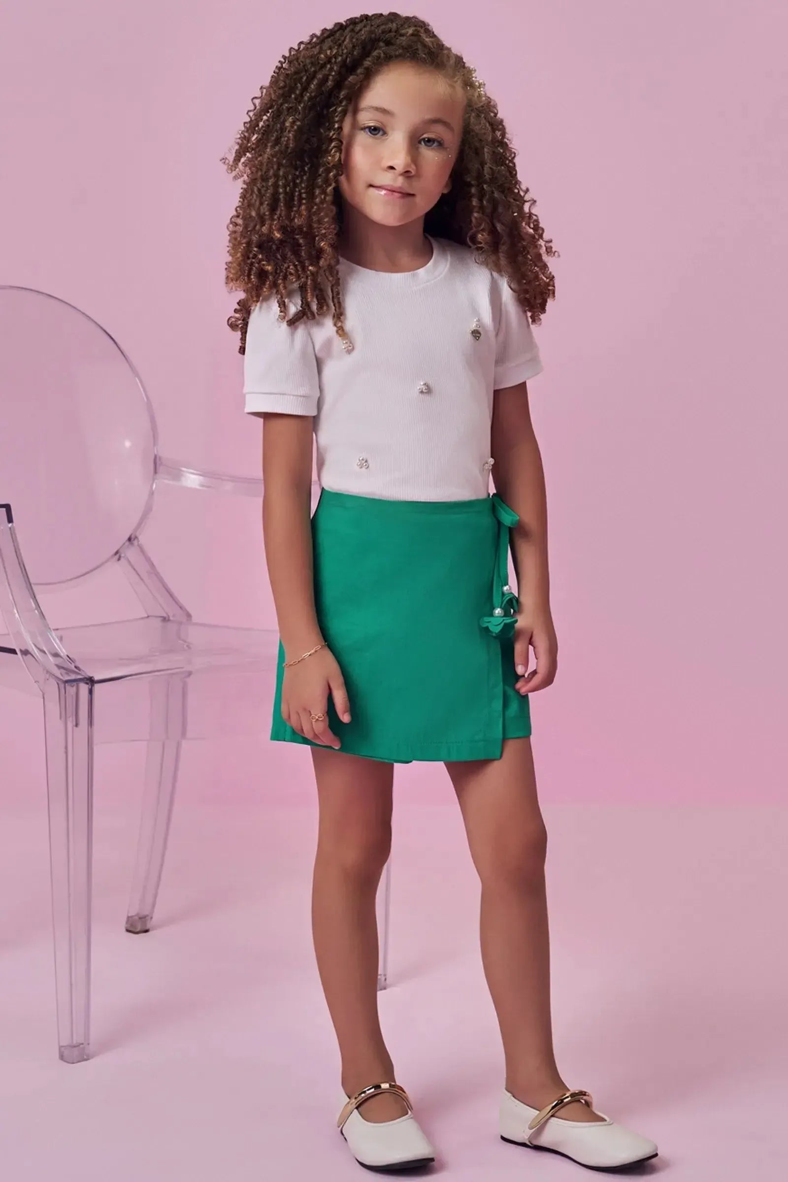 Conjunto de Blusa em Canelado e Short Saia em Viscolinho Sarjado 98708 Kukiê Infantil Menina