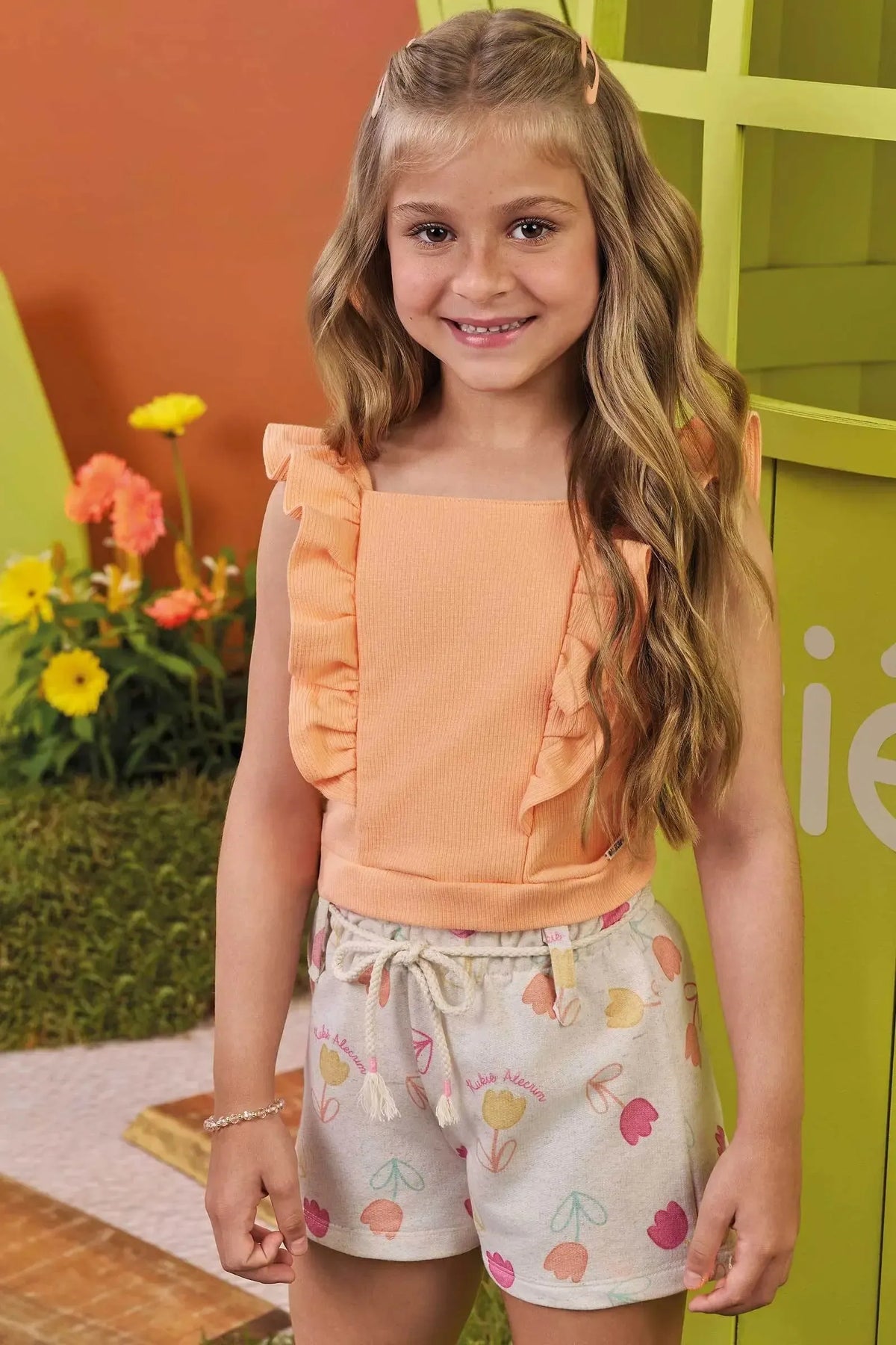 Conjunto de Blusa em Canelado e Shorts em Moletom Linho 97997 Kukiê Infantil Menina