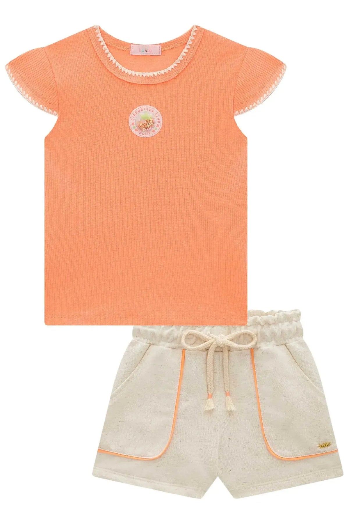 Conjunto de Blusa em Canelado e Shorts em Moletom Linho sem Pelúcia 98063 Kukiê Infantil Menina