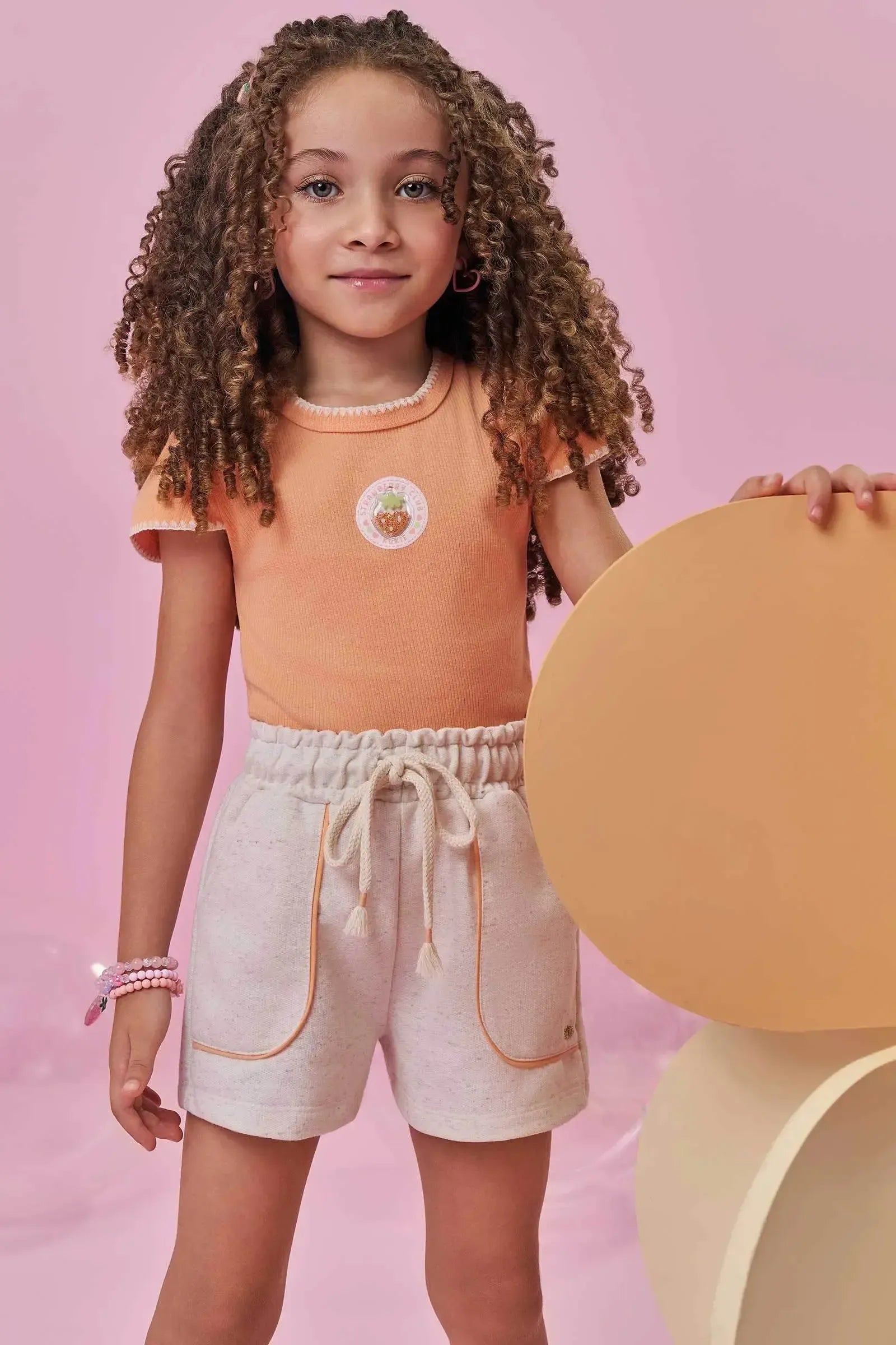 Conjunto de Blusa em Canelado e Shorts em Moletom Linho sem Pelúcia 98063 Kukiê Infantil Menina