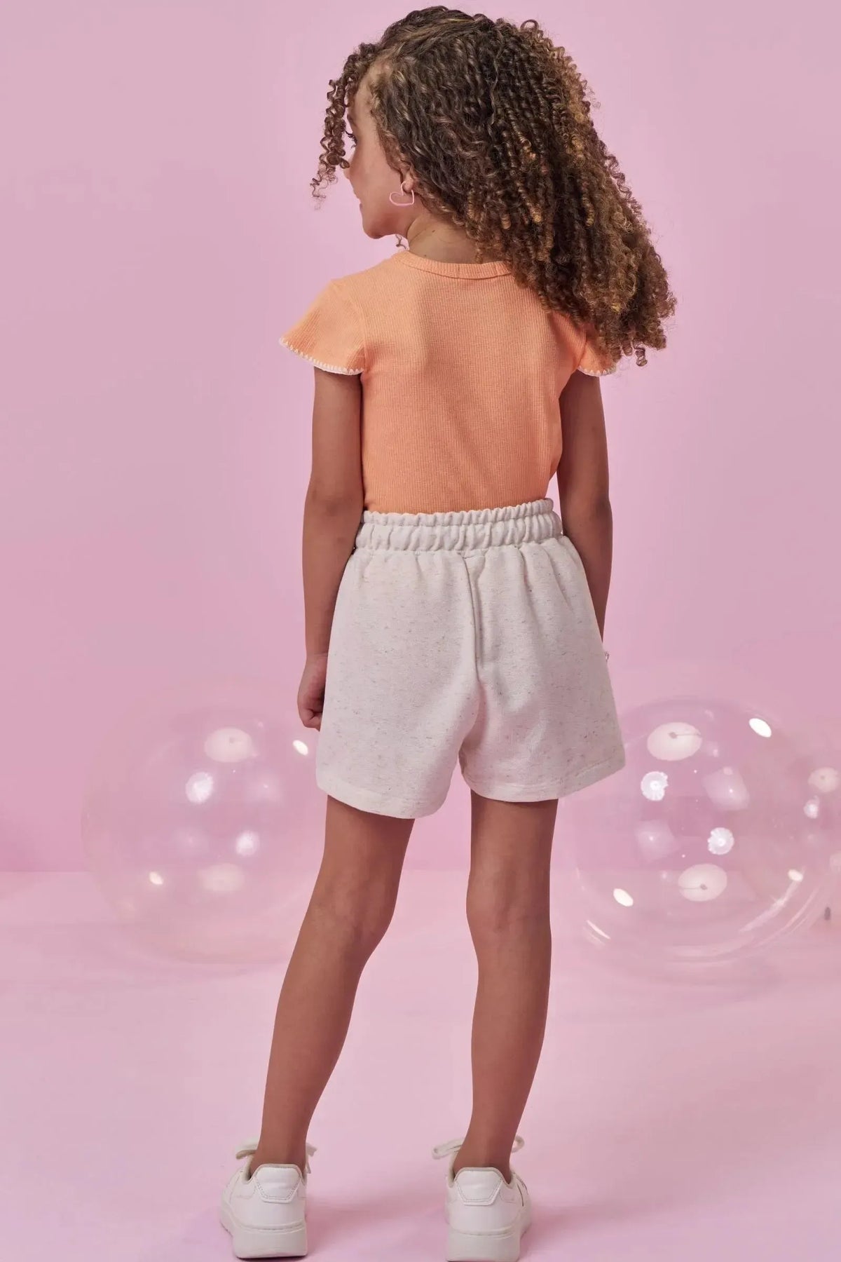 Conjunto de Blusa em Canelado e Shorts em Moletom Linho sem Pelúcia 98063 Kukiê Infantil Menina