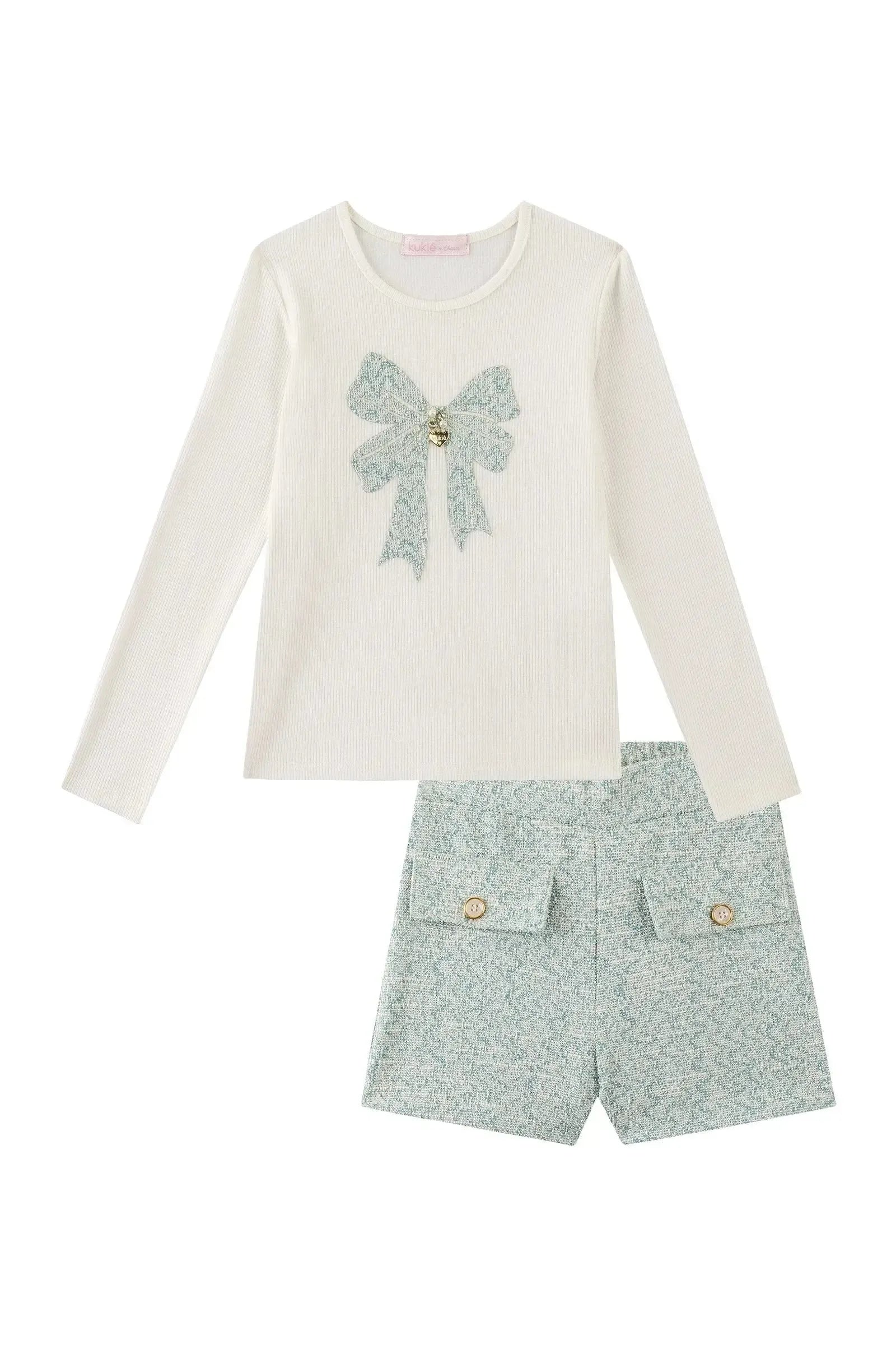 Conjunto de Blusa em Canelado e Shorts em Tweed Comfy 90917 Kukiê Infantil Menina