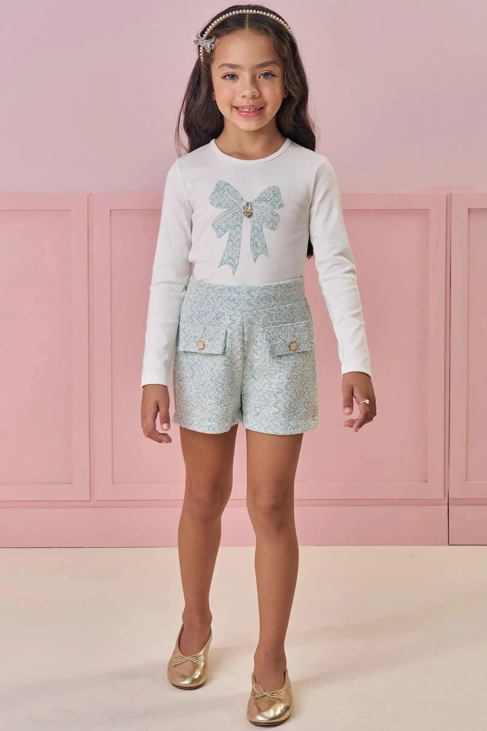 Conjunto de Blusa em Canelado e Shorts em Tweed Comfy 90917 Kukiê Infantil Menina