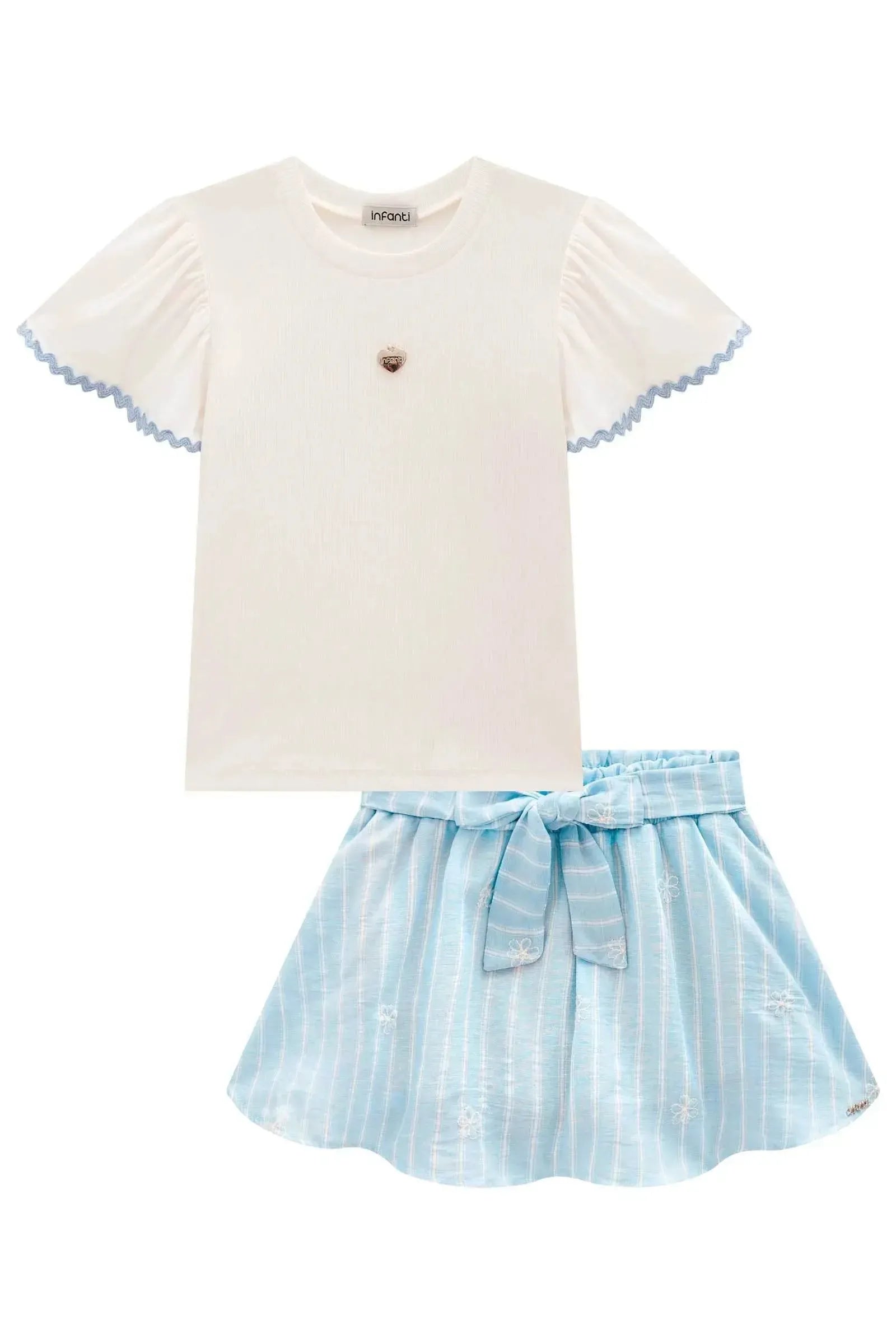 Conjunto de Blusa em Canelado e Tricoline e Saia em Tecido Listrado. Com Shorts Embutido 98361 Infanti Infantil Menina
