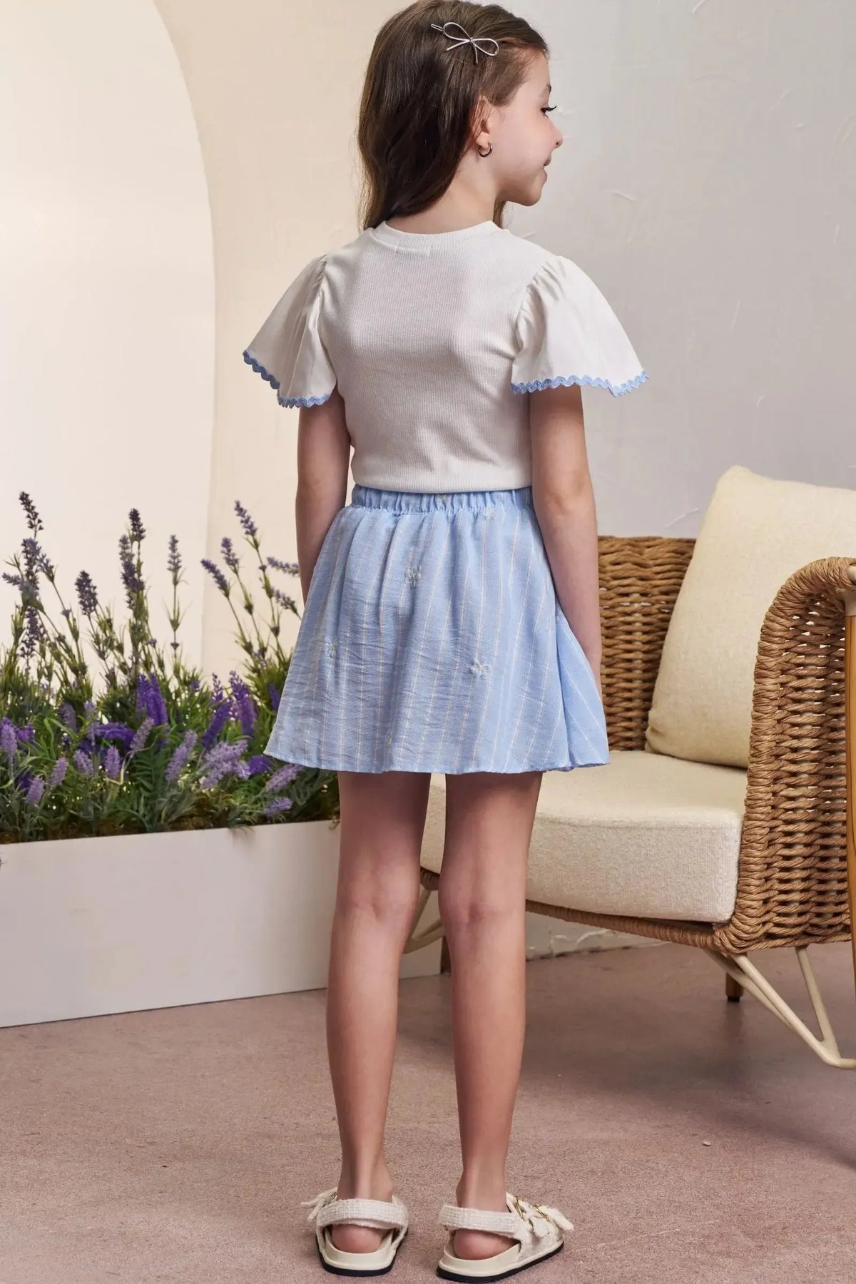 Conjunto de Blusa em Canelado e Tricoline e Saia em Tecido Listrado. Com Shorts Embutido 98361 Infanti Infantil Menina