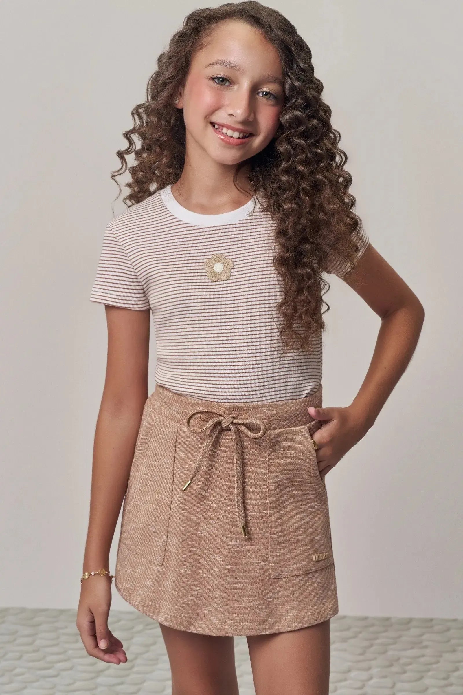 Conjunto de Blusa em Canelado Listrado e Short Saia em Malha Mesclada 98671 Lilimoon Teen Menina