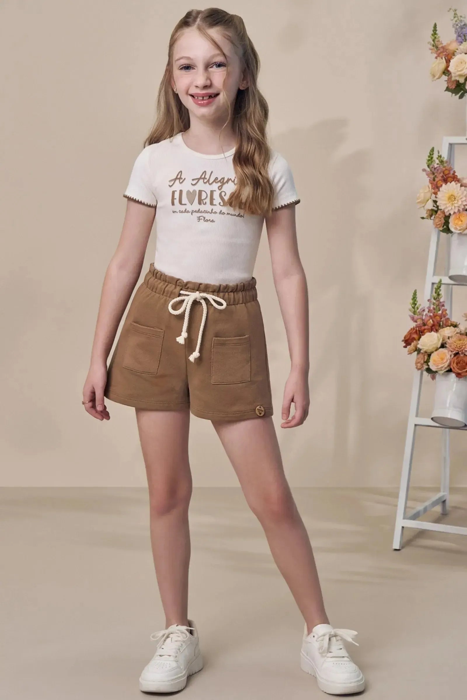 Conjunto de Blusa em Canelado Liz com Shorts em Moletom sem Pelúcia 99166 Infanti Infantil Menina