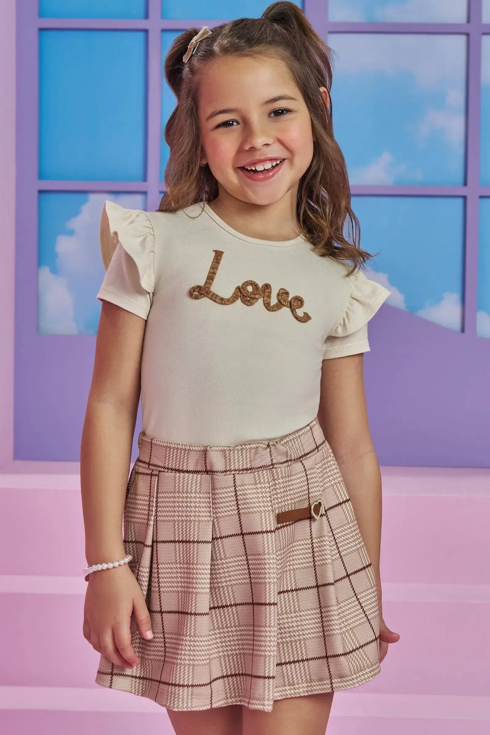 Conjunto de Blusa em Canelado Liz e Short Saia em Molecotton 93881 Kukiê Infantil Menina
