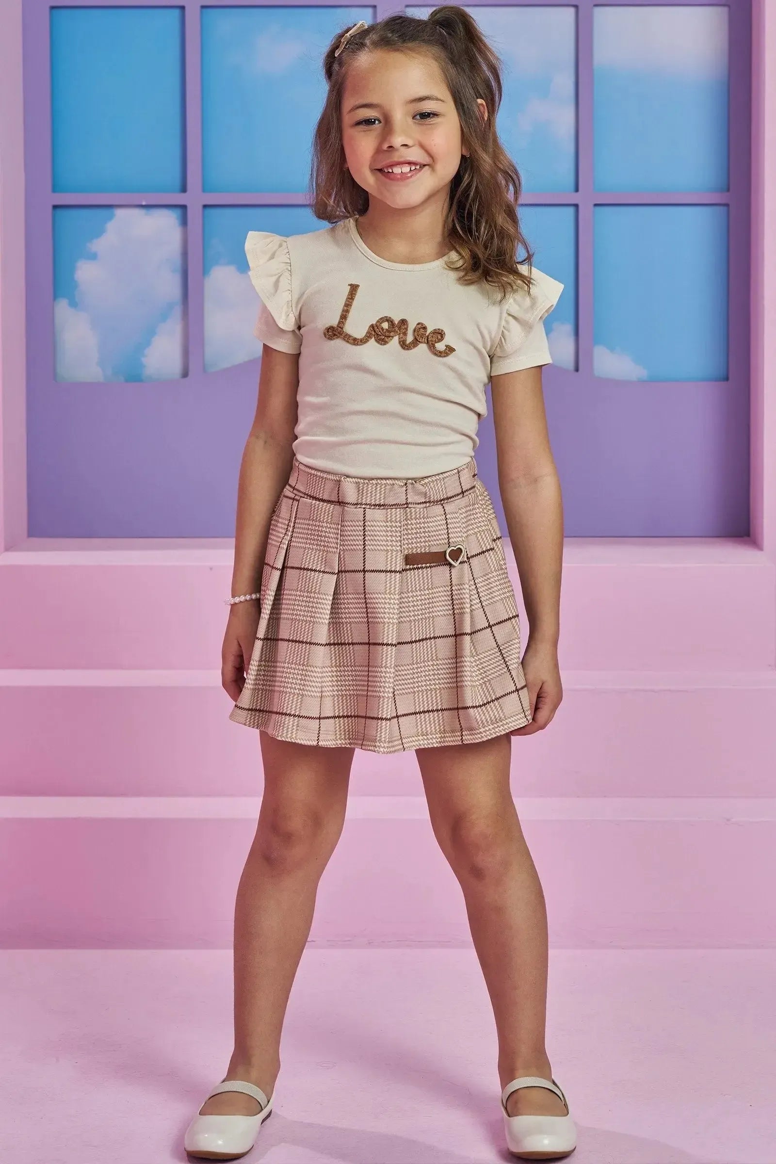 Conjunto de Blusa em Canelado Liz e Short Saia em Molecotton 93881 Kukiê Infantil Menina