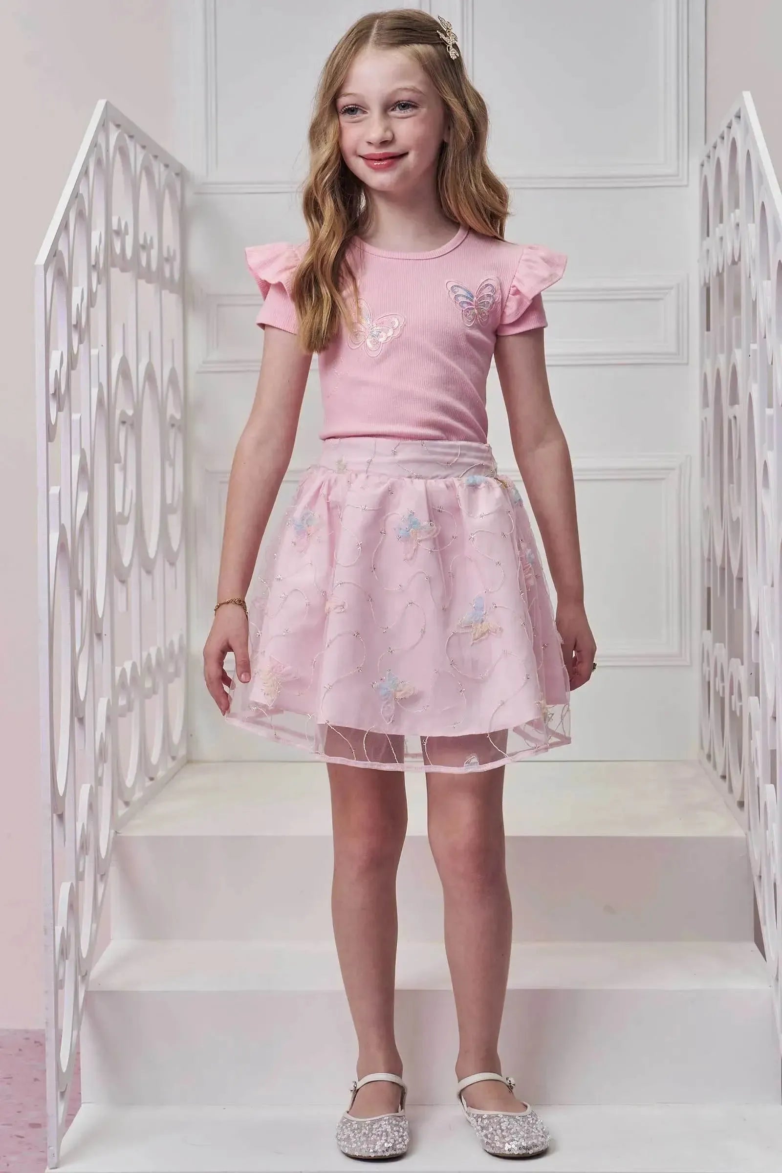 Conjunto de Blusa em Canelado Liz e Saia em Tule Bordado Borboletas. Com Short Embutido 98897 Infanti Infantil Menina