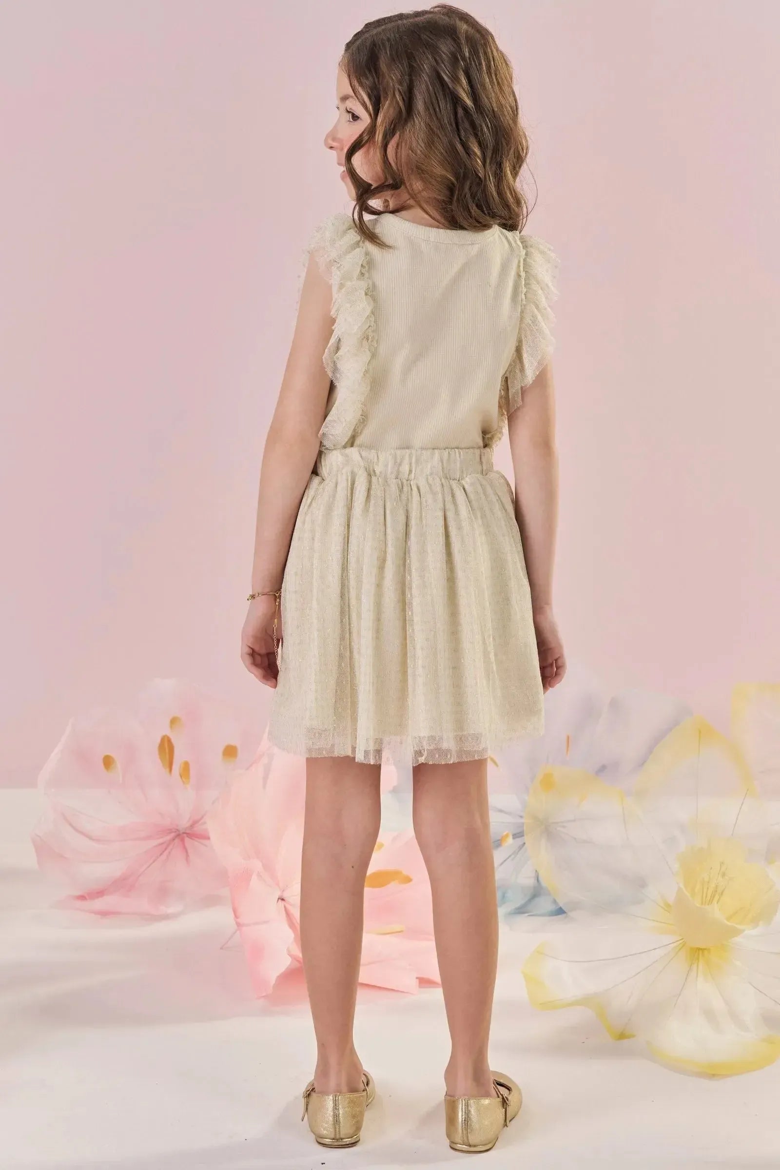 Conjunto de Blusa em Canelado Liz e Saia em Tule com Elastano com Shorts Embutido 87564 Kukiê Infantil Menina