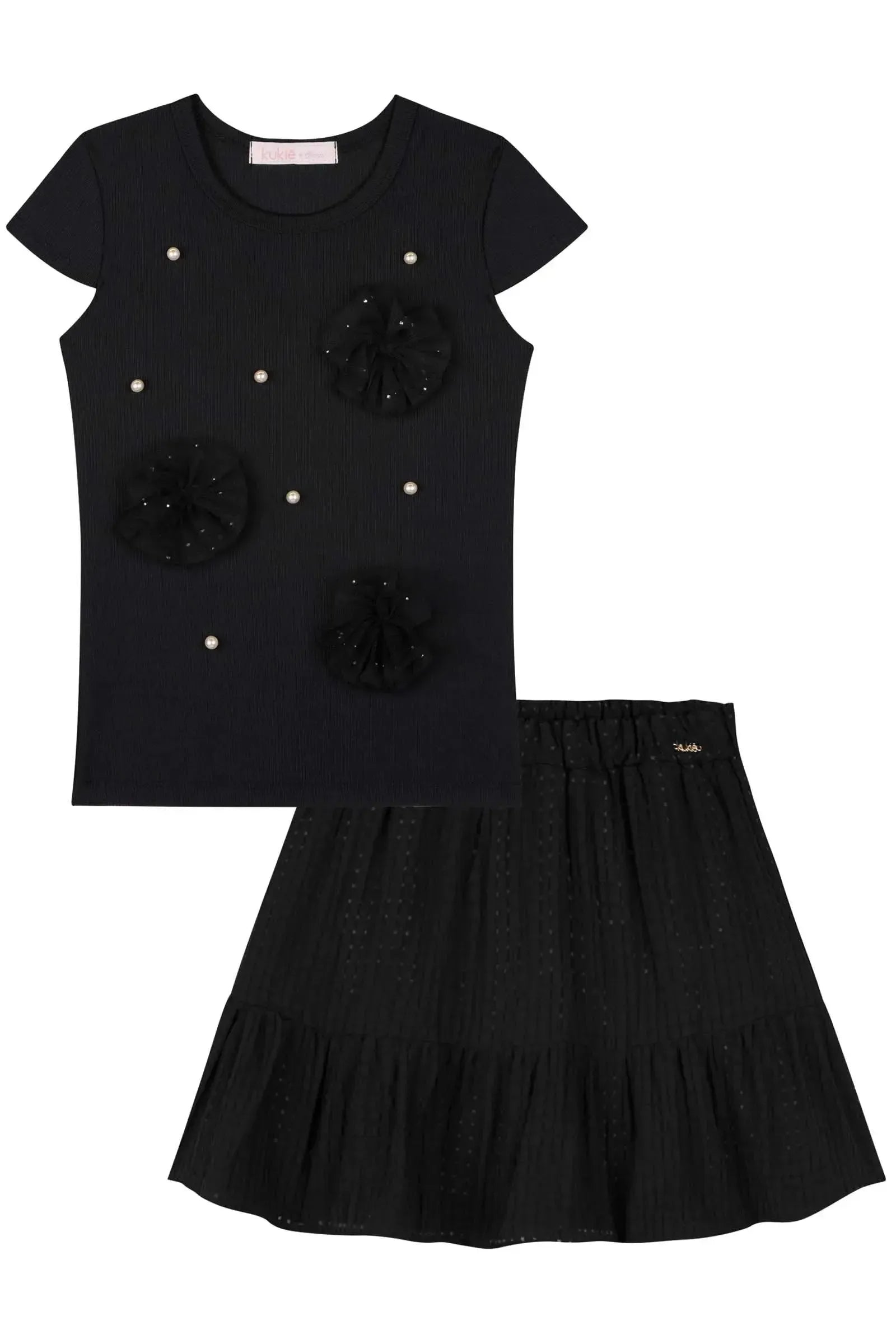 Conjunto de Blusa em Canelado Liz e Saia em Vichy Devorê (com Shorts Embutido) 83469 Kukiê Infantil Menina