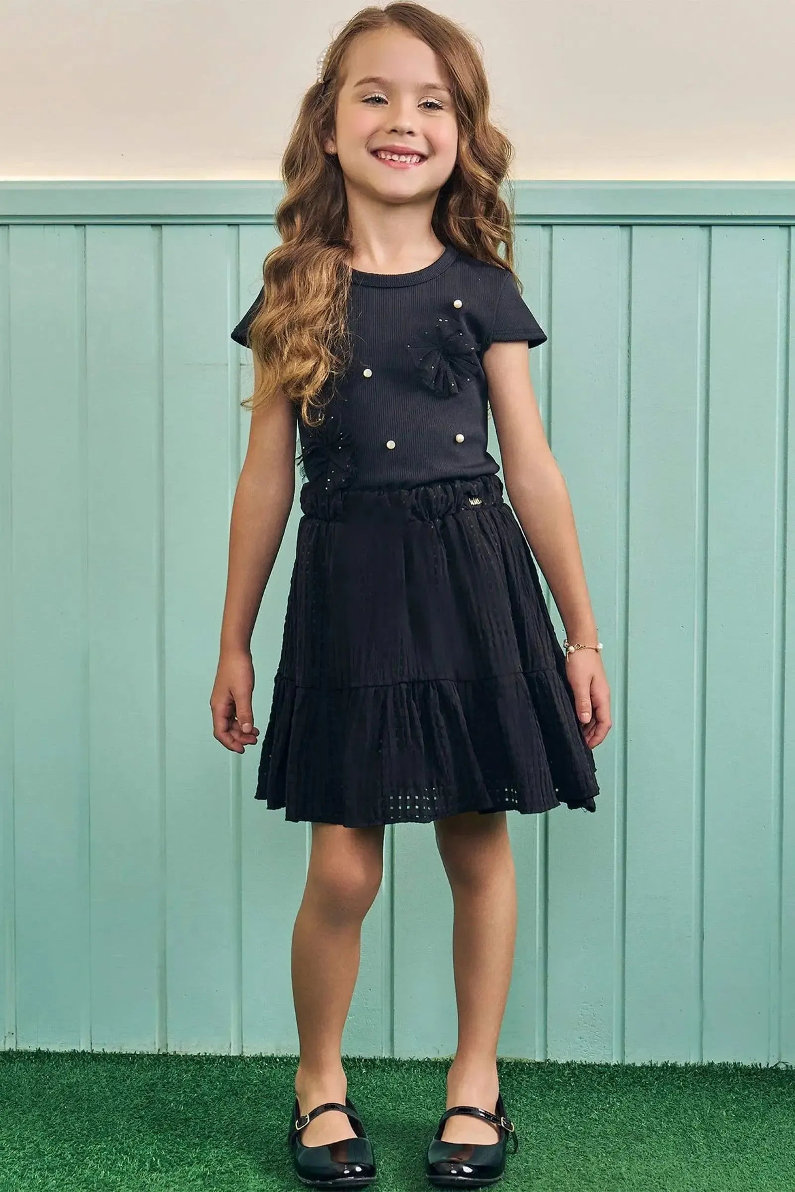 Conjunto de Blusa em Canelado Liz e Saia em Vichy Devorê (com Shorts Embutido) 83469 Kukiê Infantil Menina