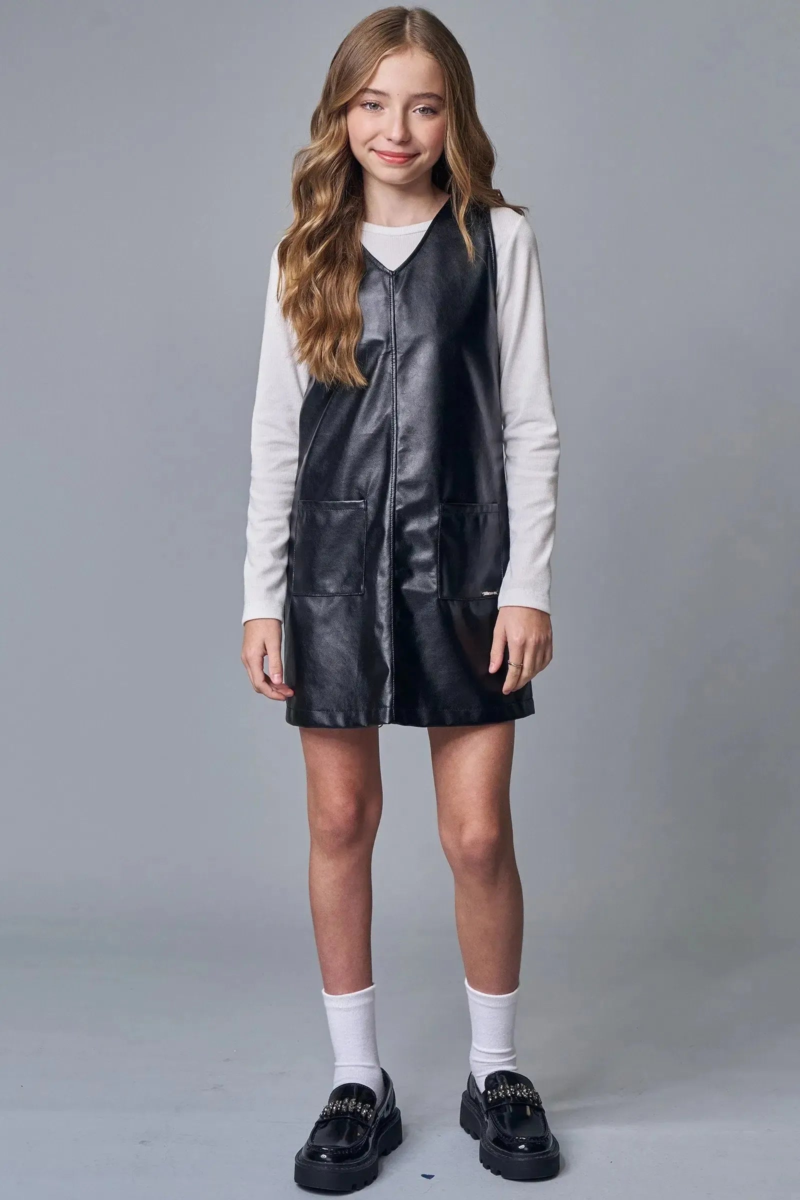 Conjunto de Blusa em Canelado Liz e Vestido em Couro Sintético 89511 Lilimoon Teen Menina