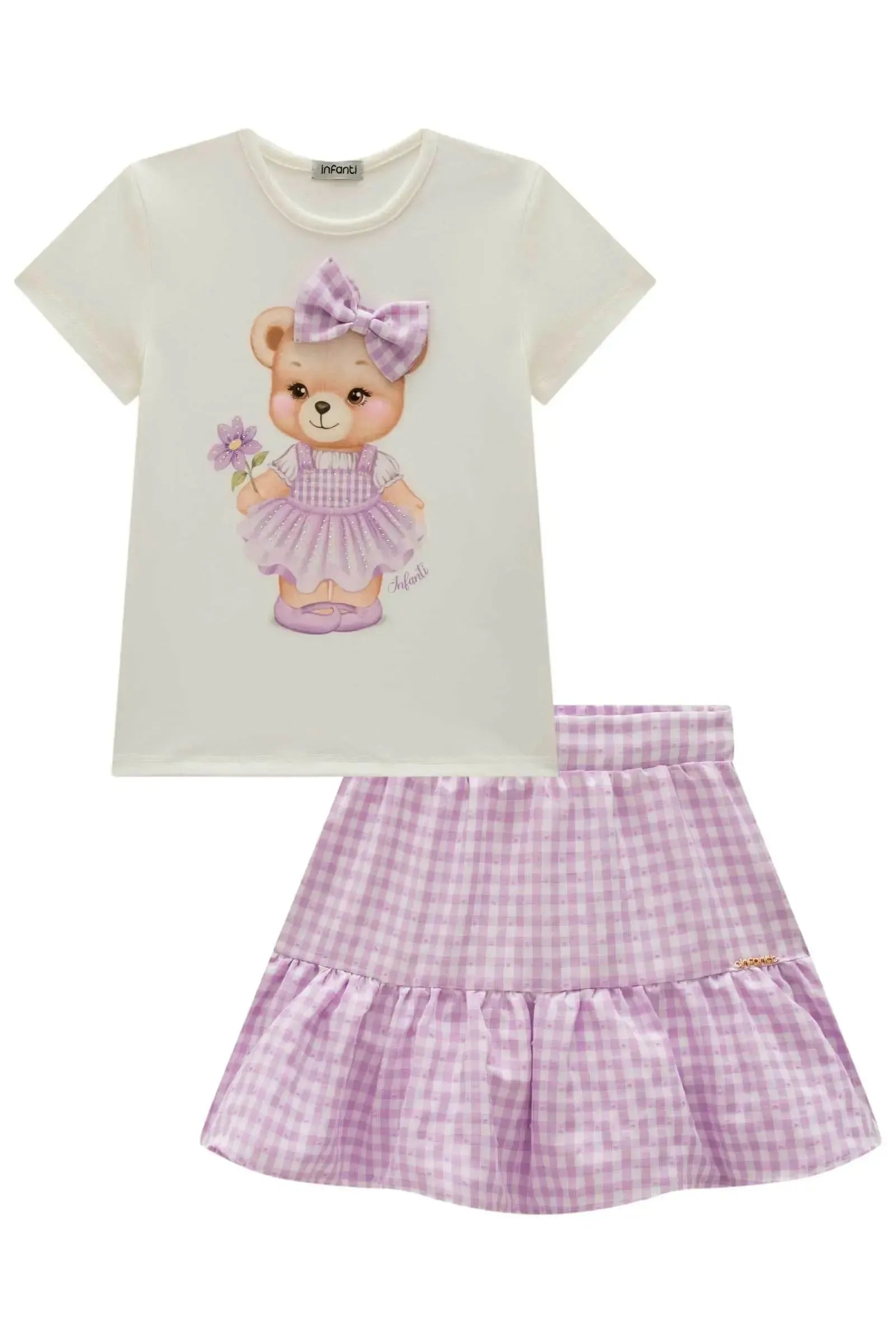 Conjunto de Blusa em Cotton com Saia em Tricoline Vichy (com Shorts Embutido) 99215 Infanti Infantil Menina