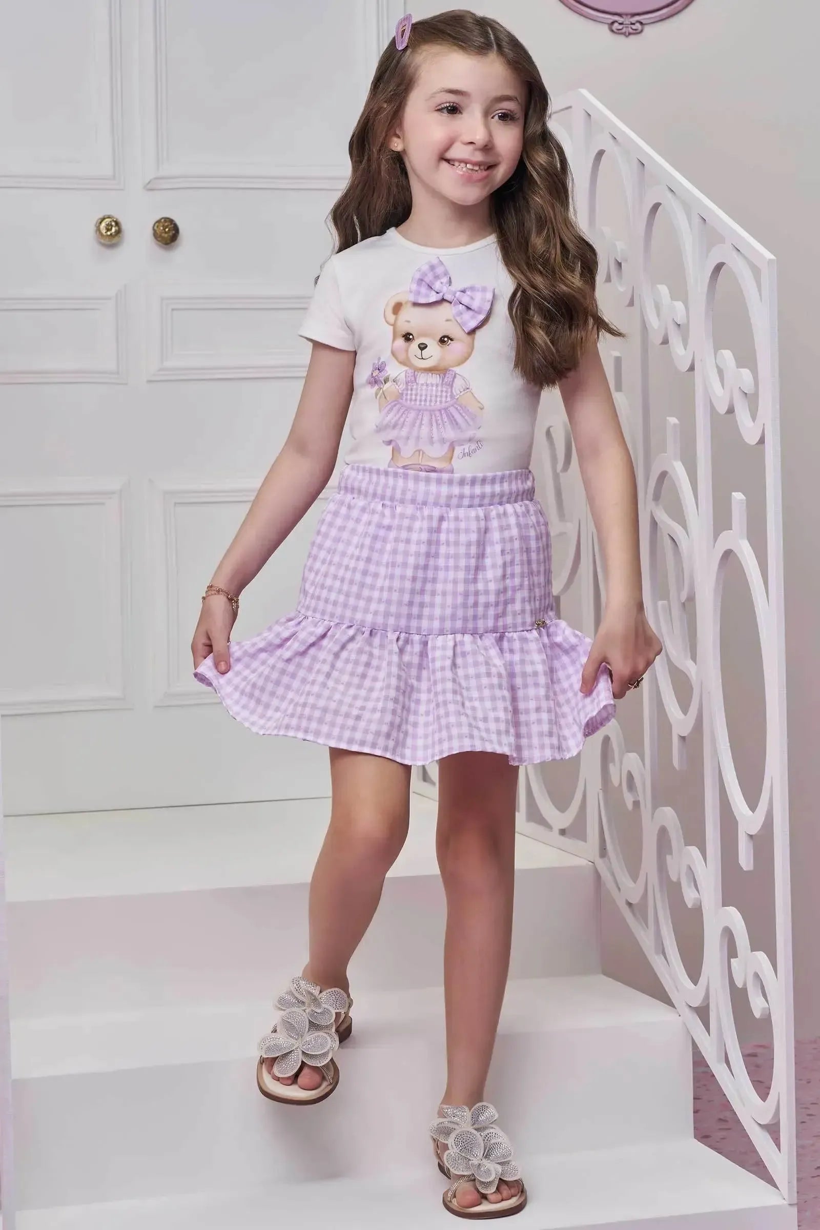 Conjunto de Blusa em Cotton com Saia em Tricoline Vichy (com Shorts Embutido) 99215 Infanti Infantil Menina