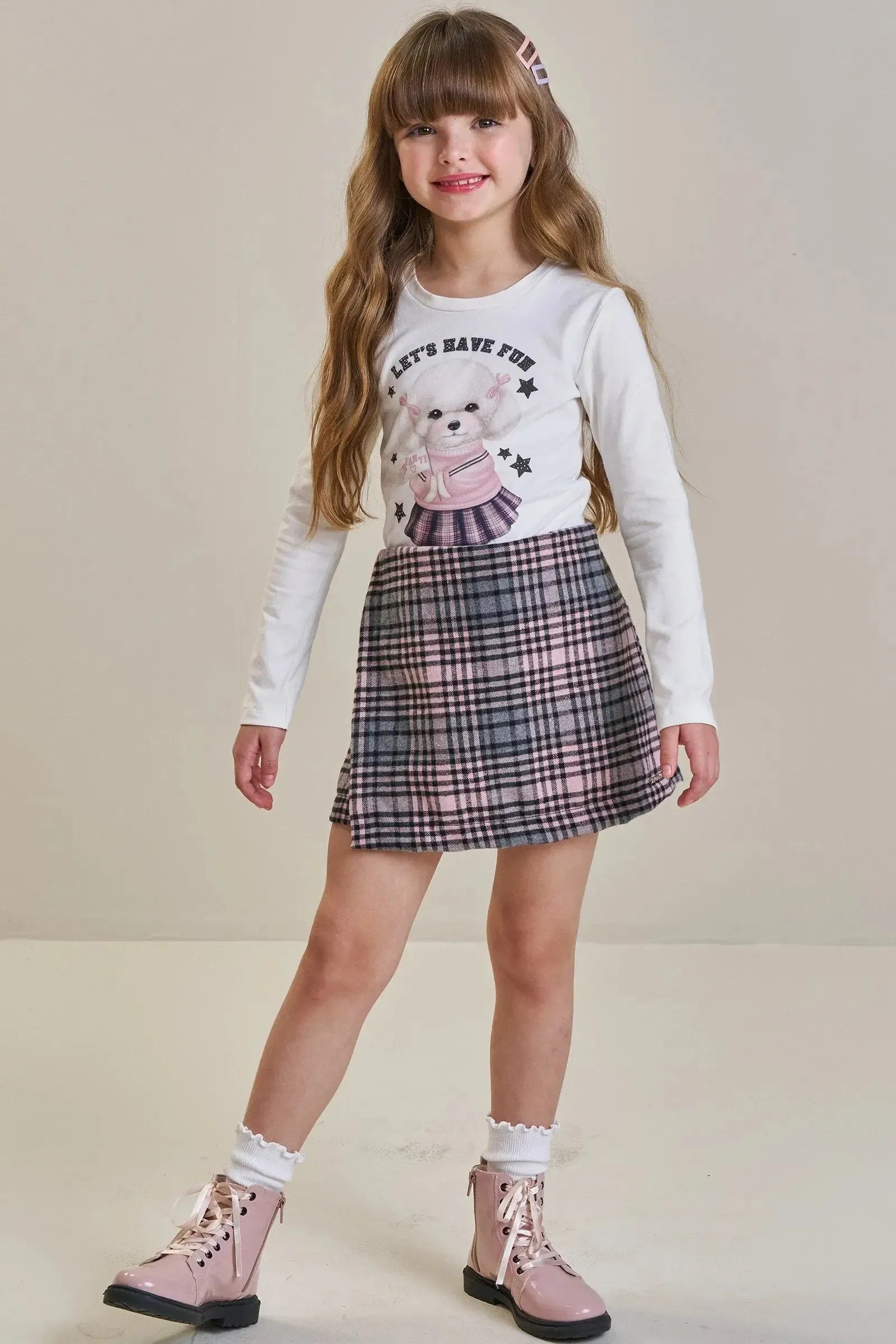 Conjunto de Blusa em Cotton com Short Saia em Flanela Montreal 92621 Infanti Infantil Menina