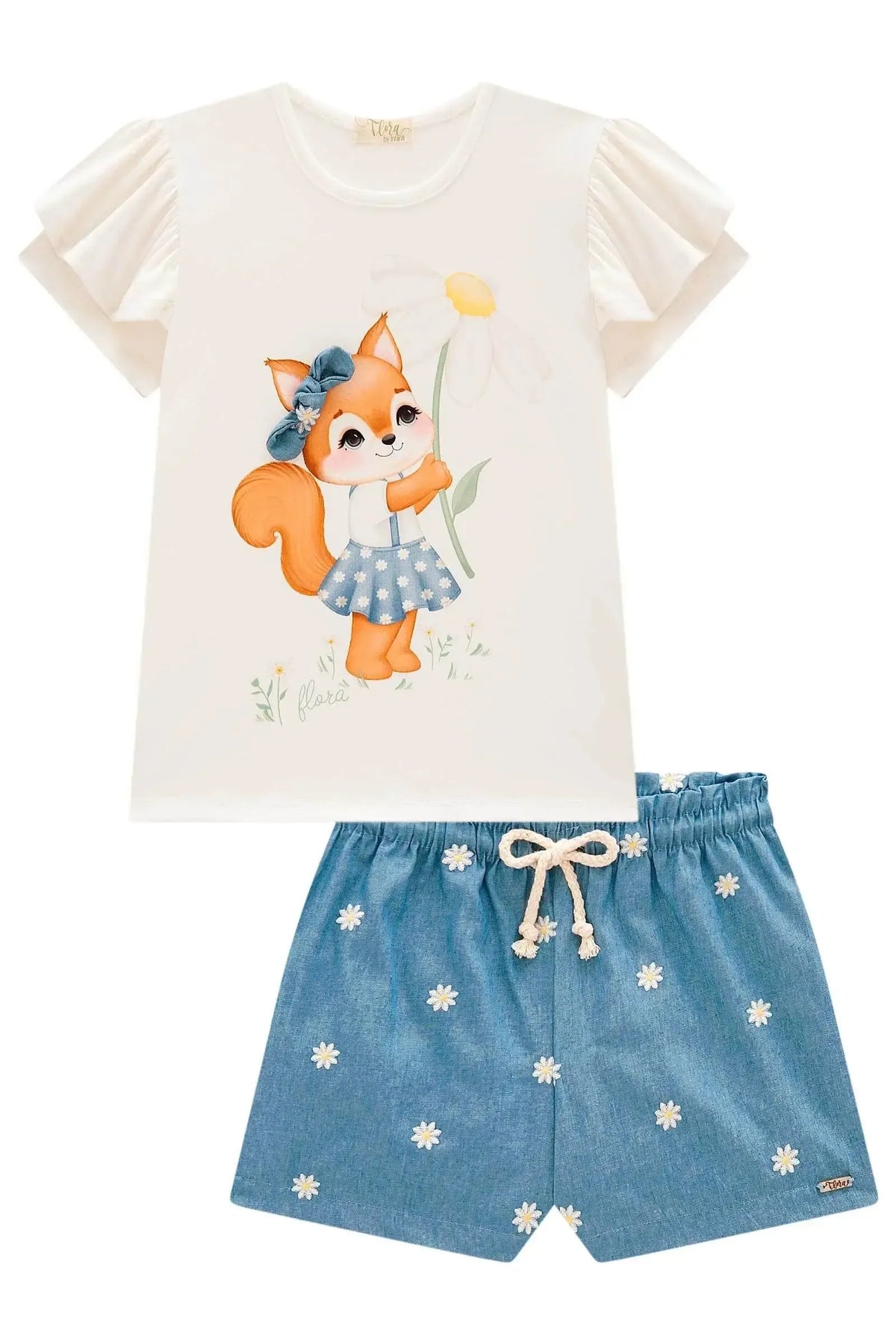 Conjunto de Blusa em Cotton com Shorts em Denim Bordado 98111 Infanti Infantil Menina
