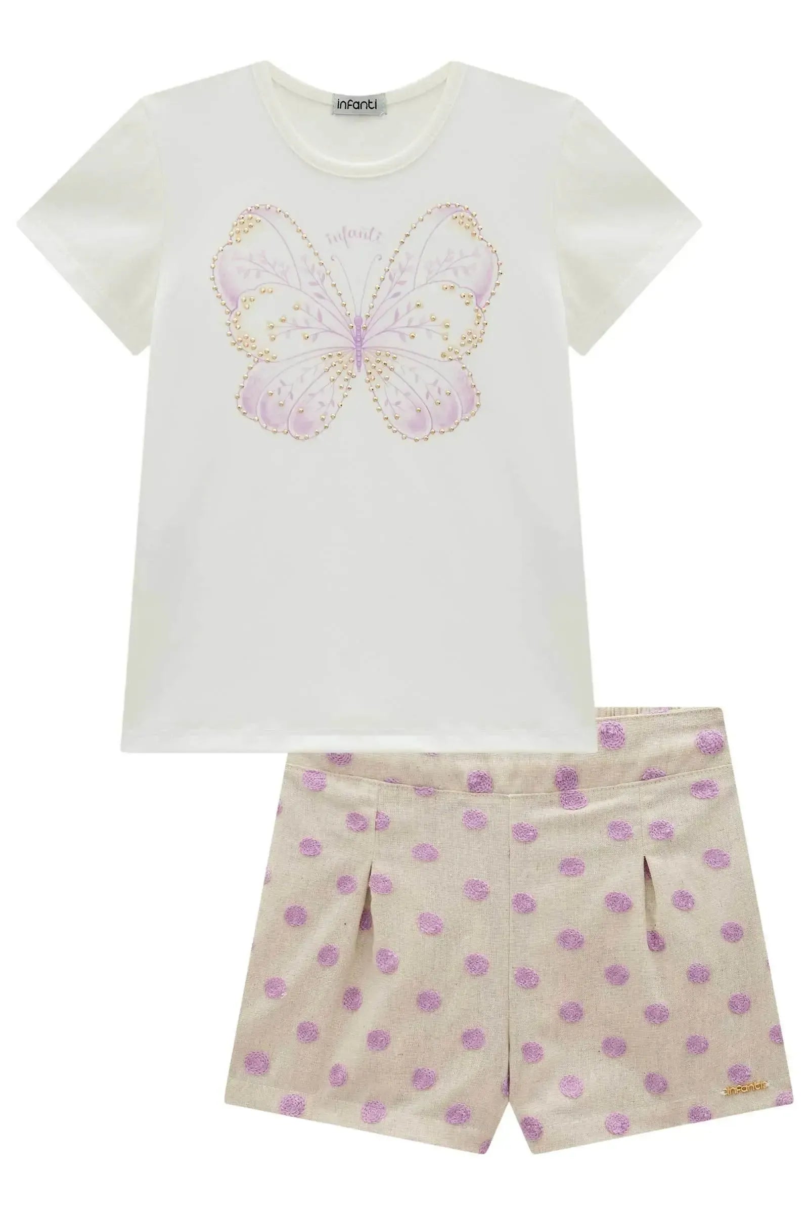 Conjunto de Blusa em Cotton com Shorts em Linho Bordado Poá 99394 Infanti Infantil Menina