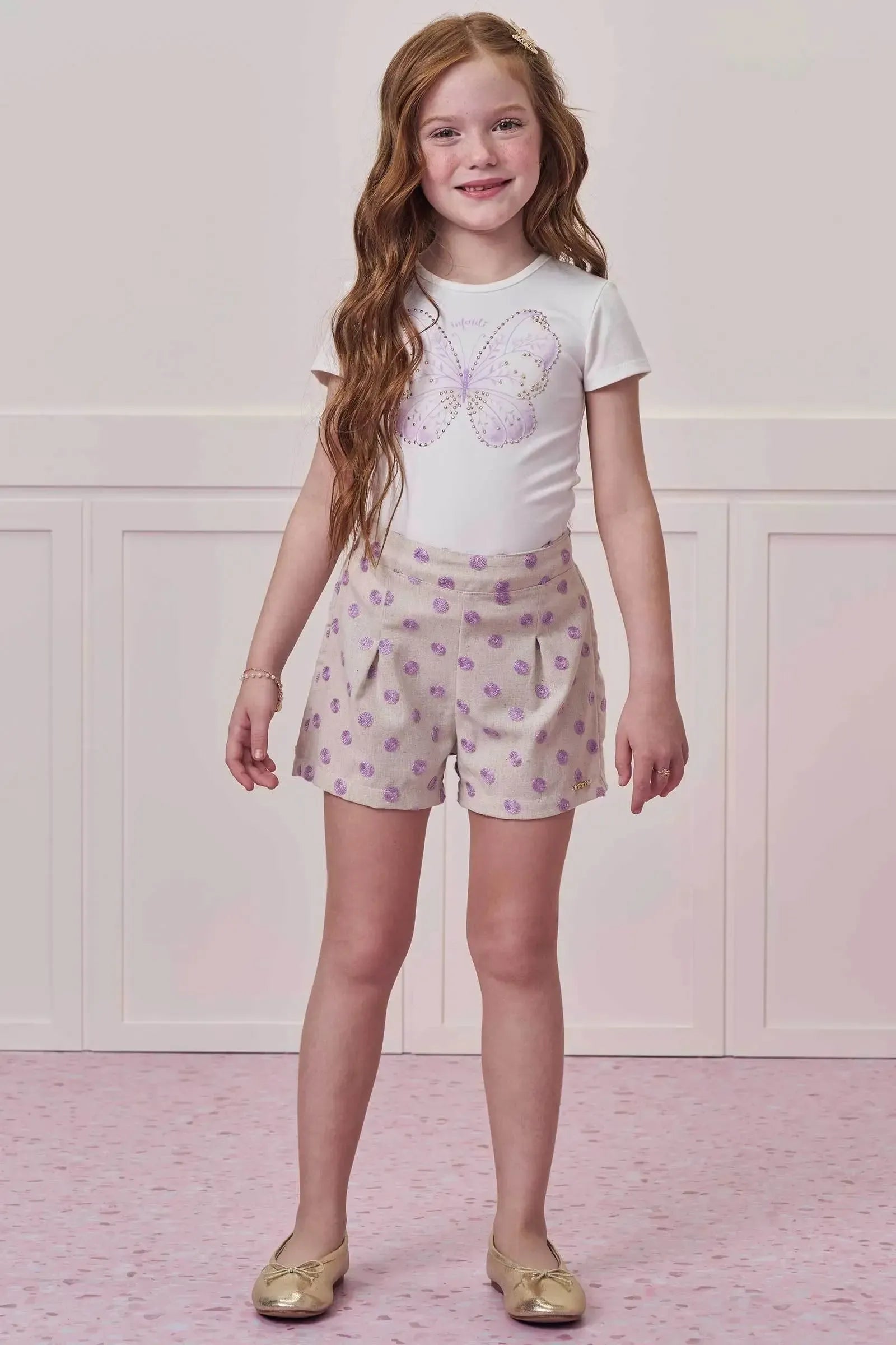 Conjunto de Blusa em Cotton com Shorts em Linho Bordado Poá 99394 Infanti Infantil Menina