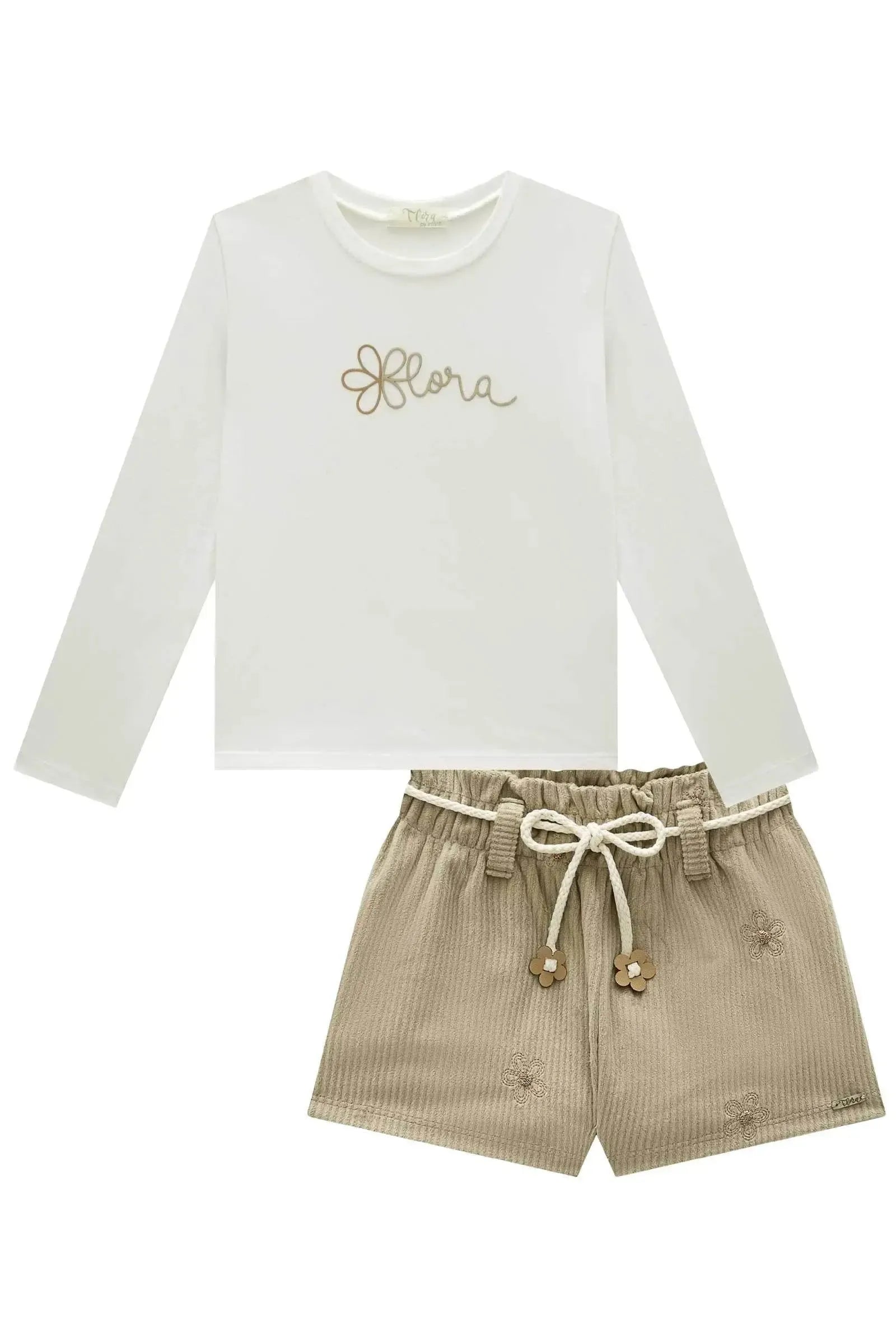 Conjunto de Blusa em Cotton com Shorts em Malha Veludo Cotelê Bordado 93487 Infanti Infantil Menina