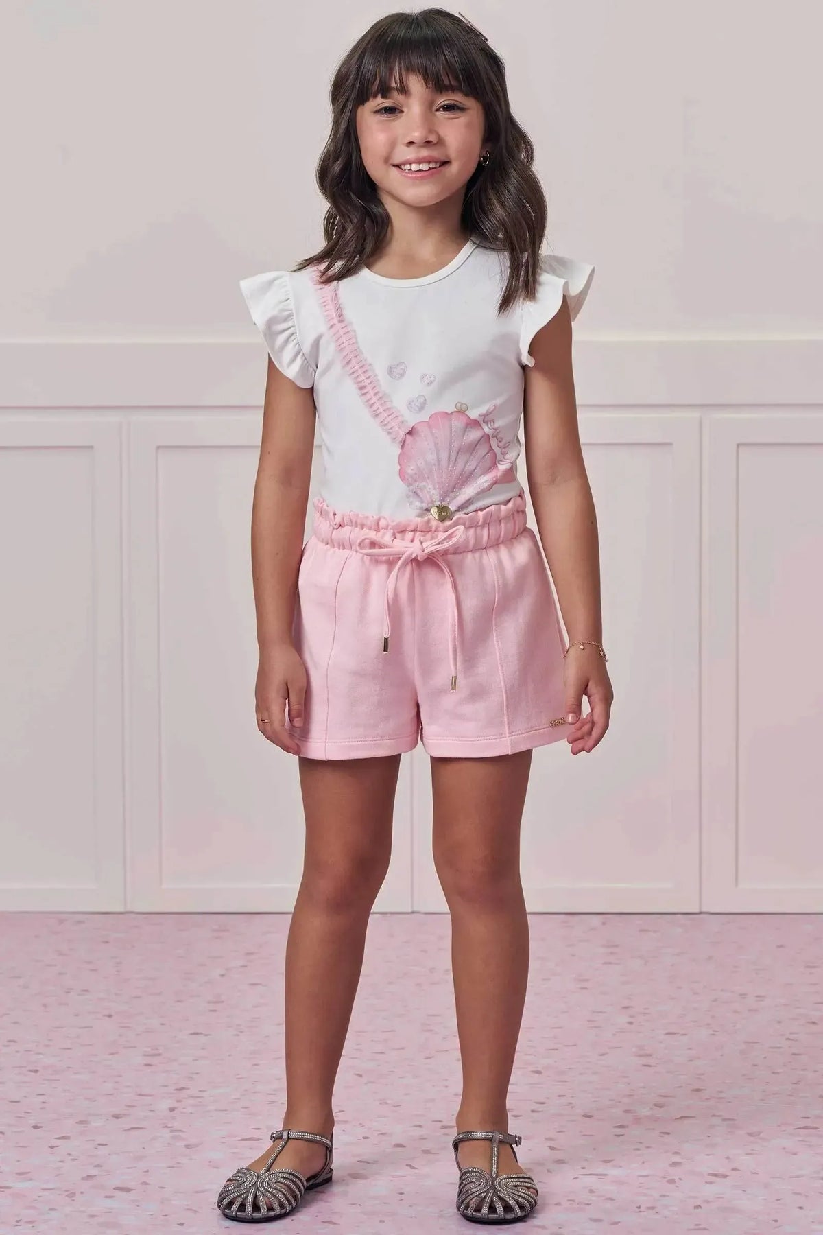 Conjunto de Blusa em Cotton com Shorts em Moletom sem Pelúcia 99400 Infanti Infantil Menina