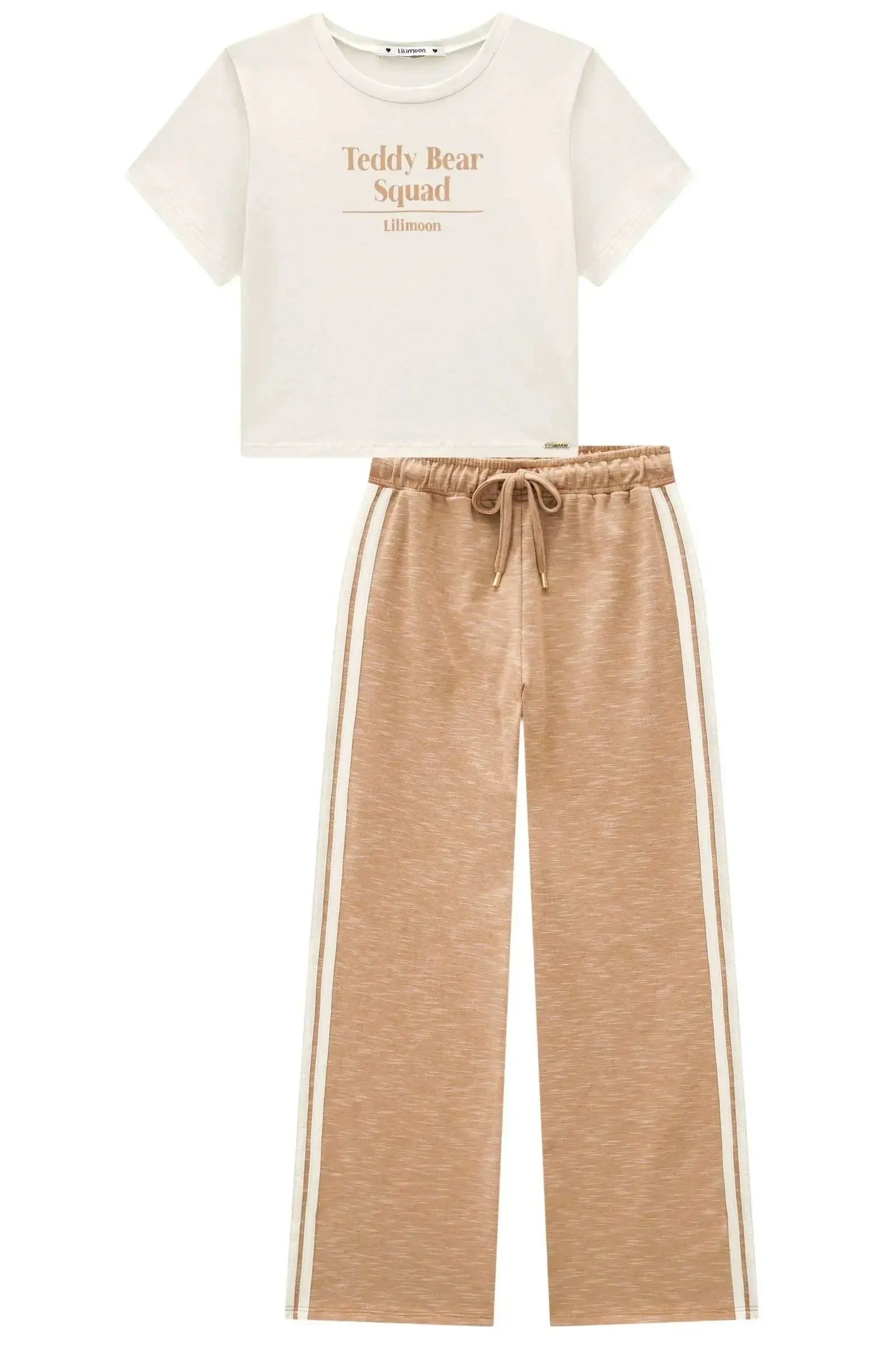 Conjunto de Blusa em Cotton e Calça Wide Leg em Malha Mesclada 98709 Lilimoon Teen Menina