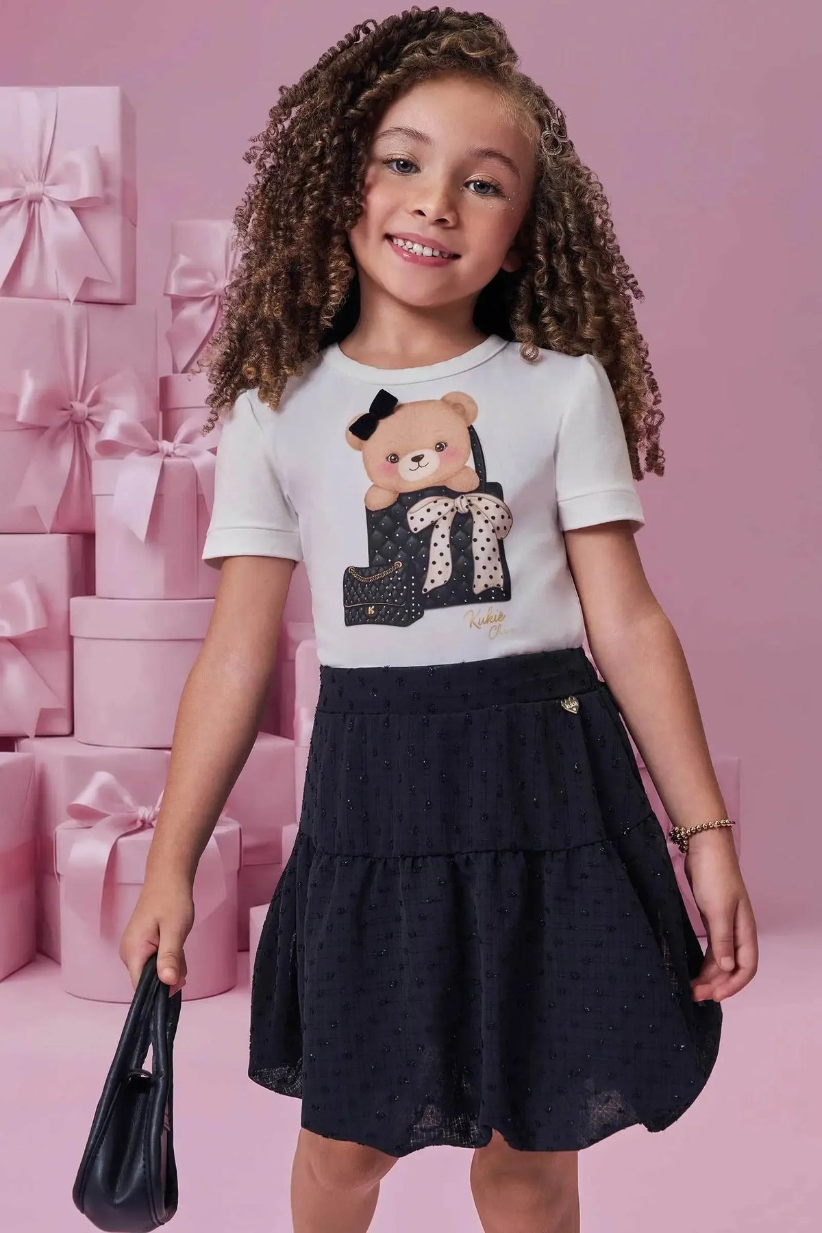 Conjunto de Blusa em Cotton e Saia em Chiffon Shine (com Shorts Embutido) 99650 Kukiê Infantil Menina
