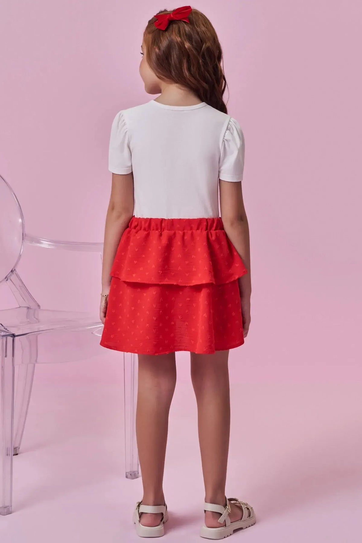 Conjunto de Blusa em Cotton e Saia em Crepe Textura (com Shorts Embutido) 99440 Kukiê Infantil Menina