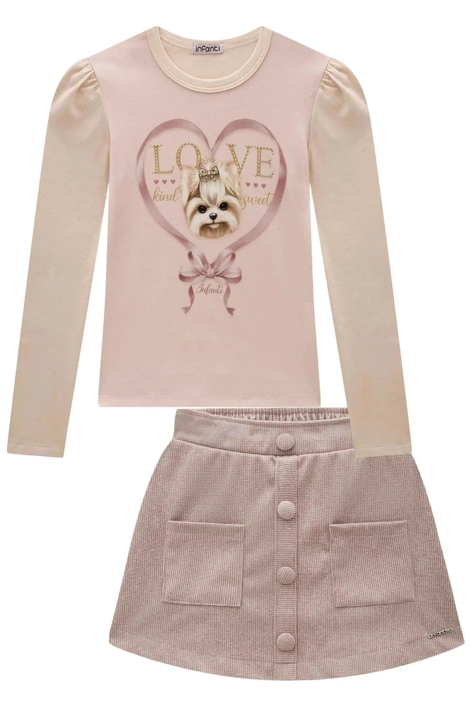 Conjunto de Blusa em Cotton e Saia em Lã Batida com Shorts Embutido 92193 Infanti Infantil Menina