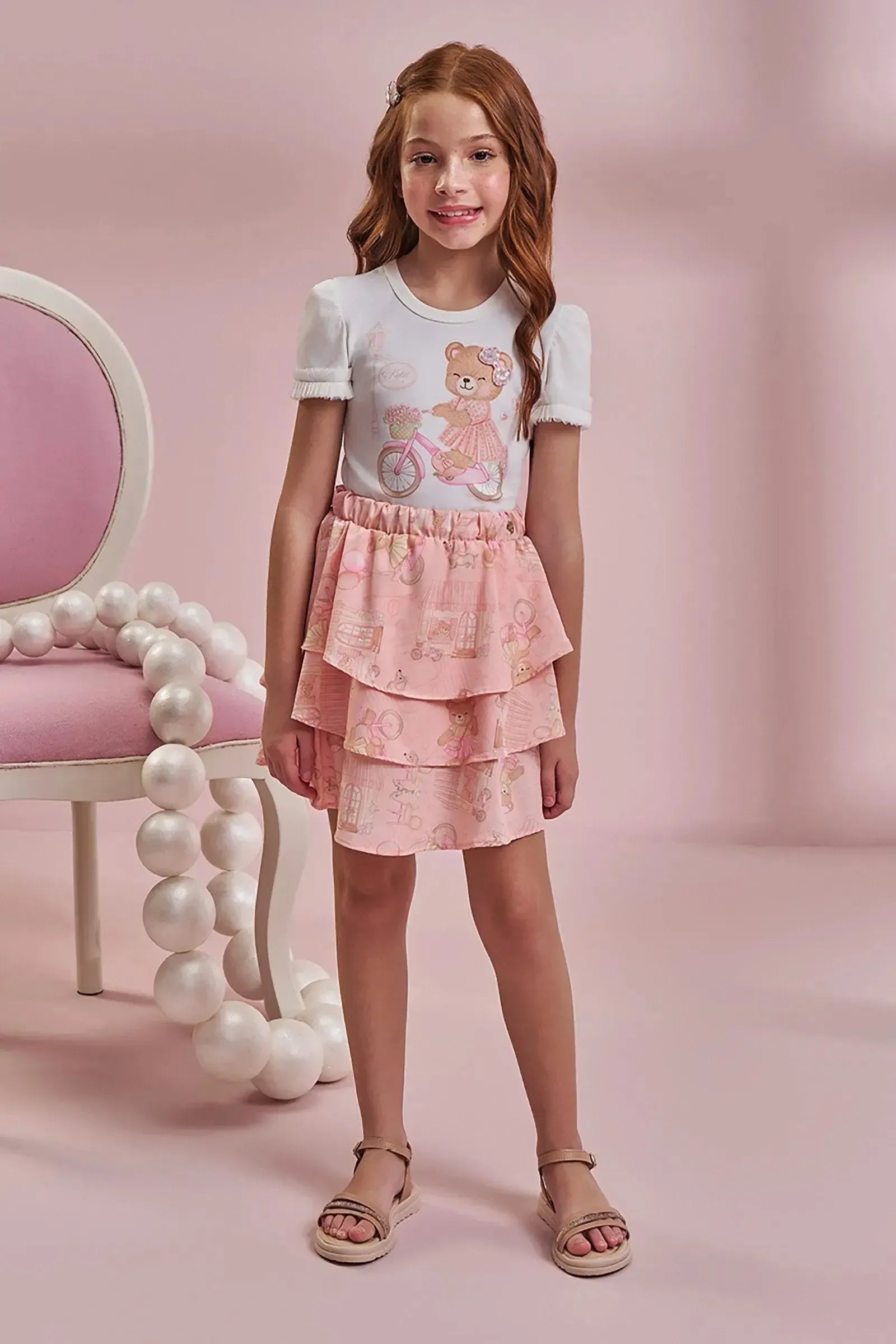 Conjunto de Blusa em Cotton e Saia em Light Peach (com Shorts Embutido) 96520 Kukiê Infantil Menina