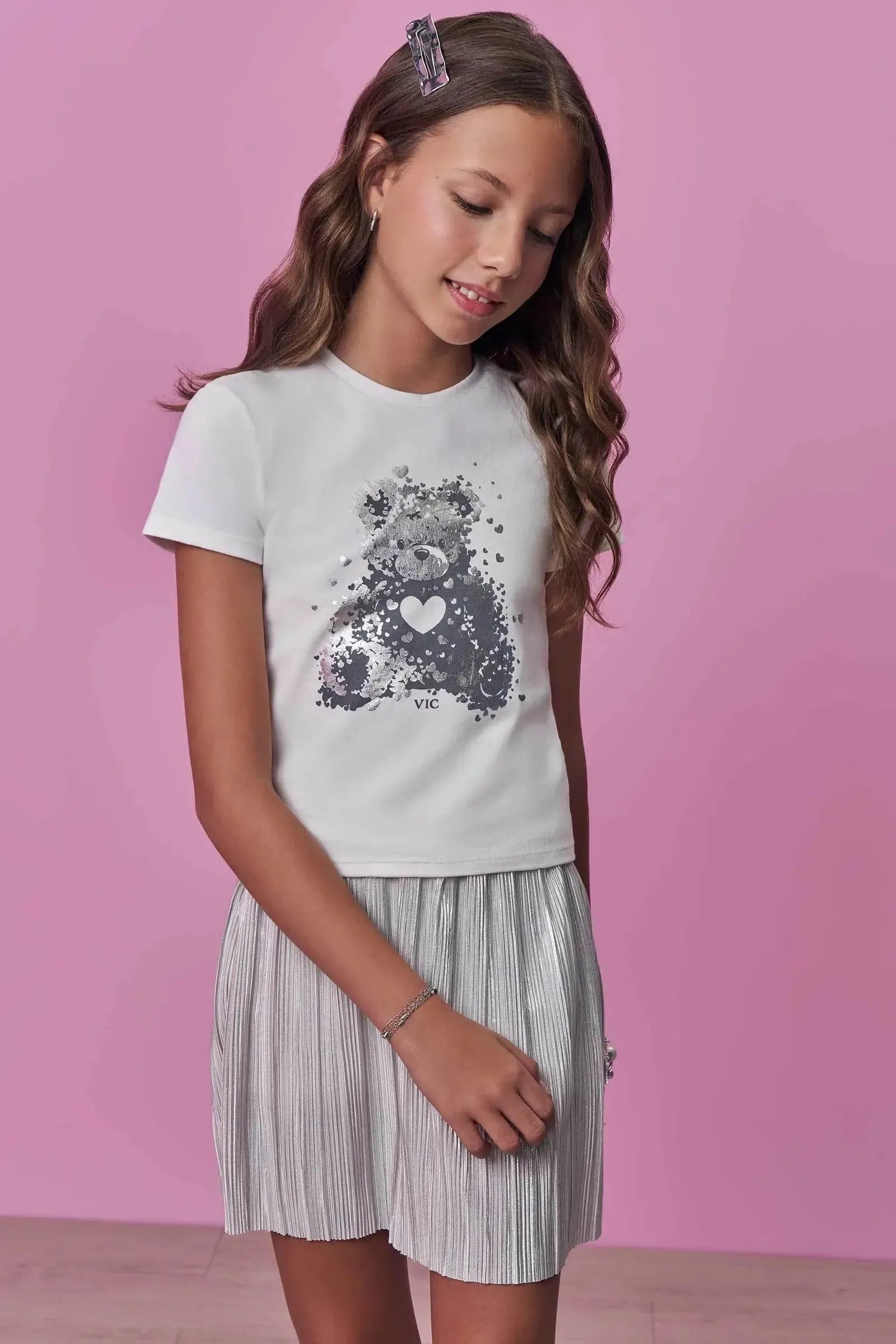 Conjunto de Blusa em Cotton e Saia em Plissado com Shorts Embutido 98524 Vic Teen Menina